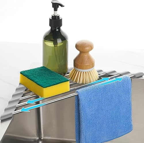 Tomorotec Escurridor de platos triangular ajustable, plegable de acero inoxidable sobre el fregadero, organizador de almacenamiento y ahorro de
