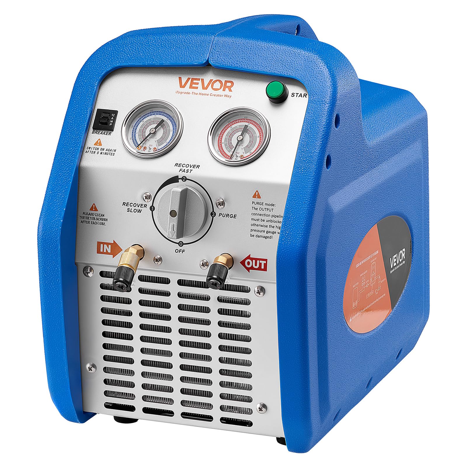 VEVOR Máquina Portátil de Recuperación de Refrigerante 1 HP, Máquina de Recuperación con Protección de Alta Presión 3,5 kg/min Velocidad de 1450 RPM, Cilindro Doble, para Sistemas de Climatización