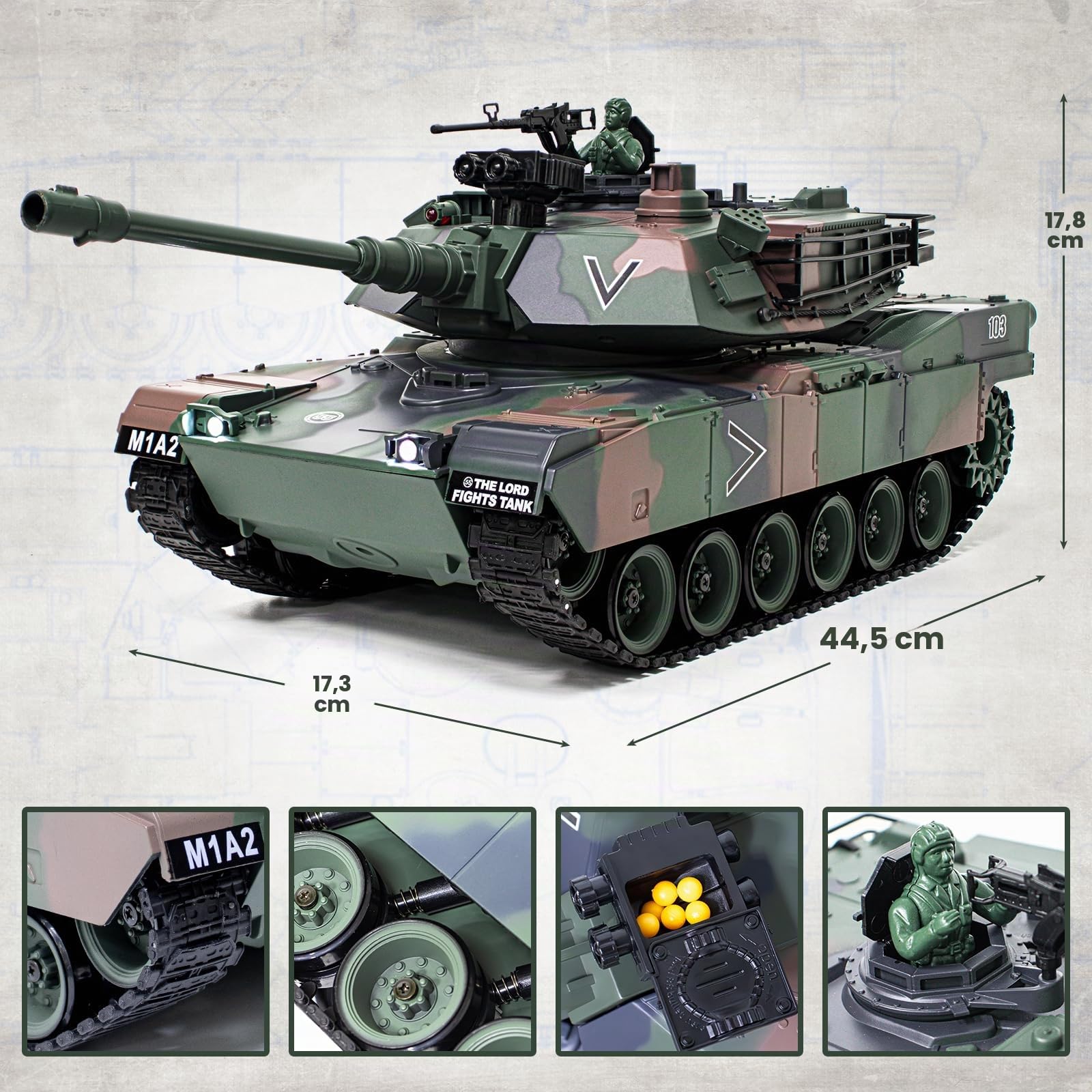 Supdex RC Panzer 1/18 USA M1A2 Abrams Armeegrün, 2.4GHz Panzer Ferngesteuert mit Schussfunktion, WW2 Panzer Modell, Kampfpanzer mit Rauch, Spielzeug mit Licht und Sound für Erwachsene und Kinder