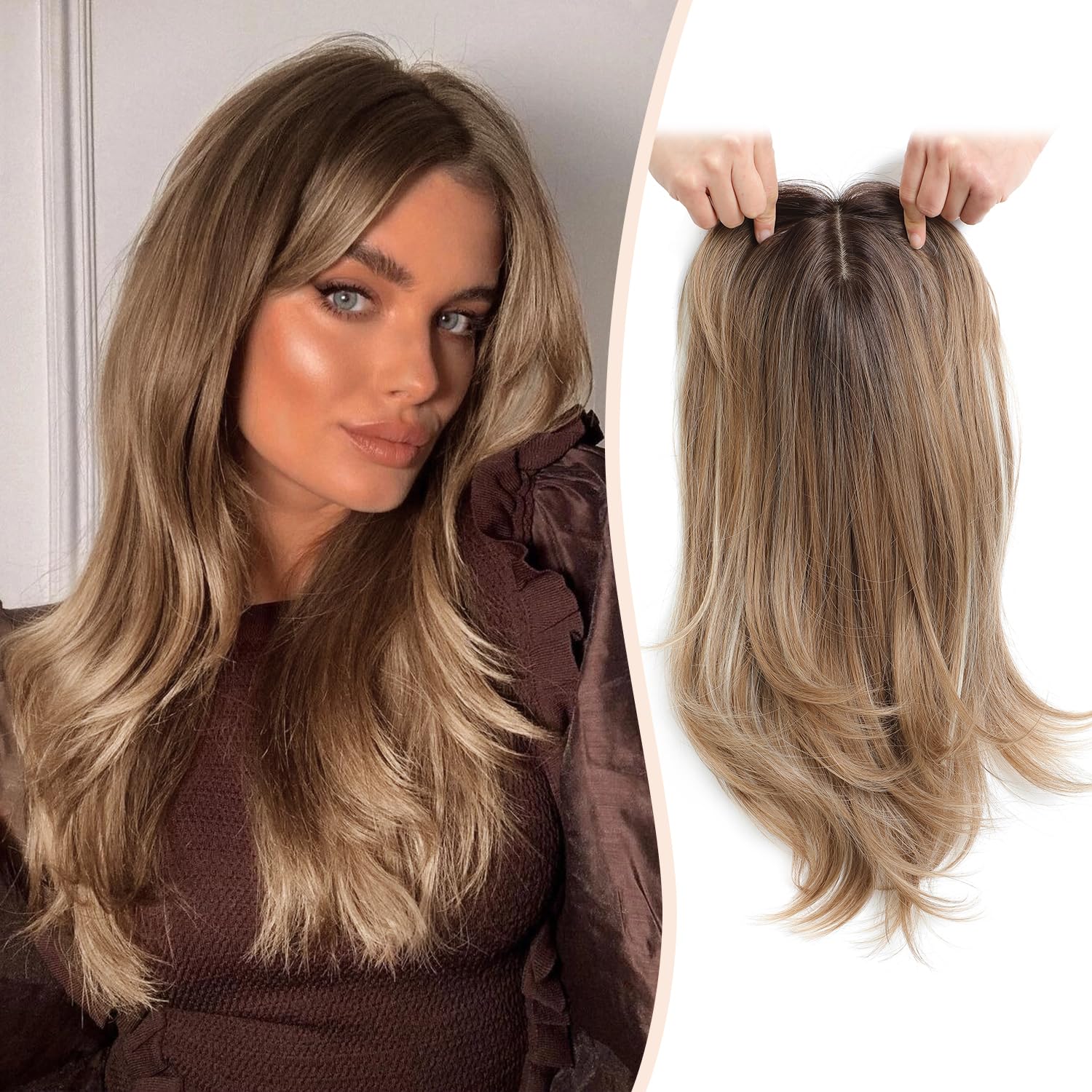 Long Wavy 18inch Hair Topper Big Base Cover Thinning Hair Clip in Hair Toppers for Women Fiber Wiglets with Fringe Ombre Brown Color