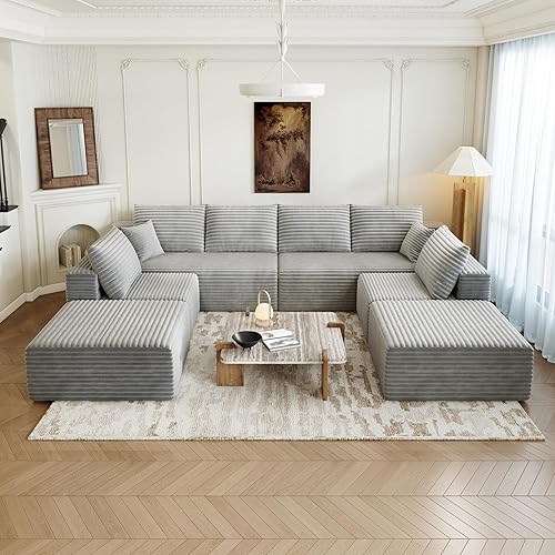Miniatura 6 de Sofá modular modular de 139.4 pulgadas, sofás minimalistas en forma de U de gran tamaño con 2 tumbonas otomanas y 2 asientos medios, moderno juego