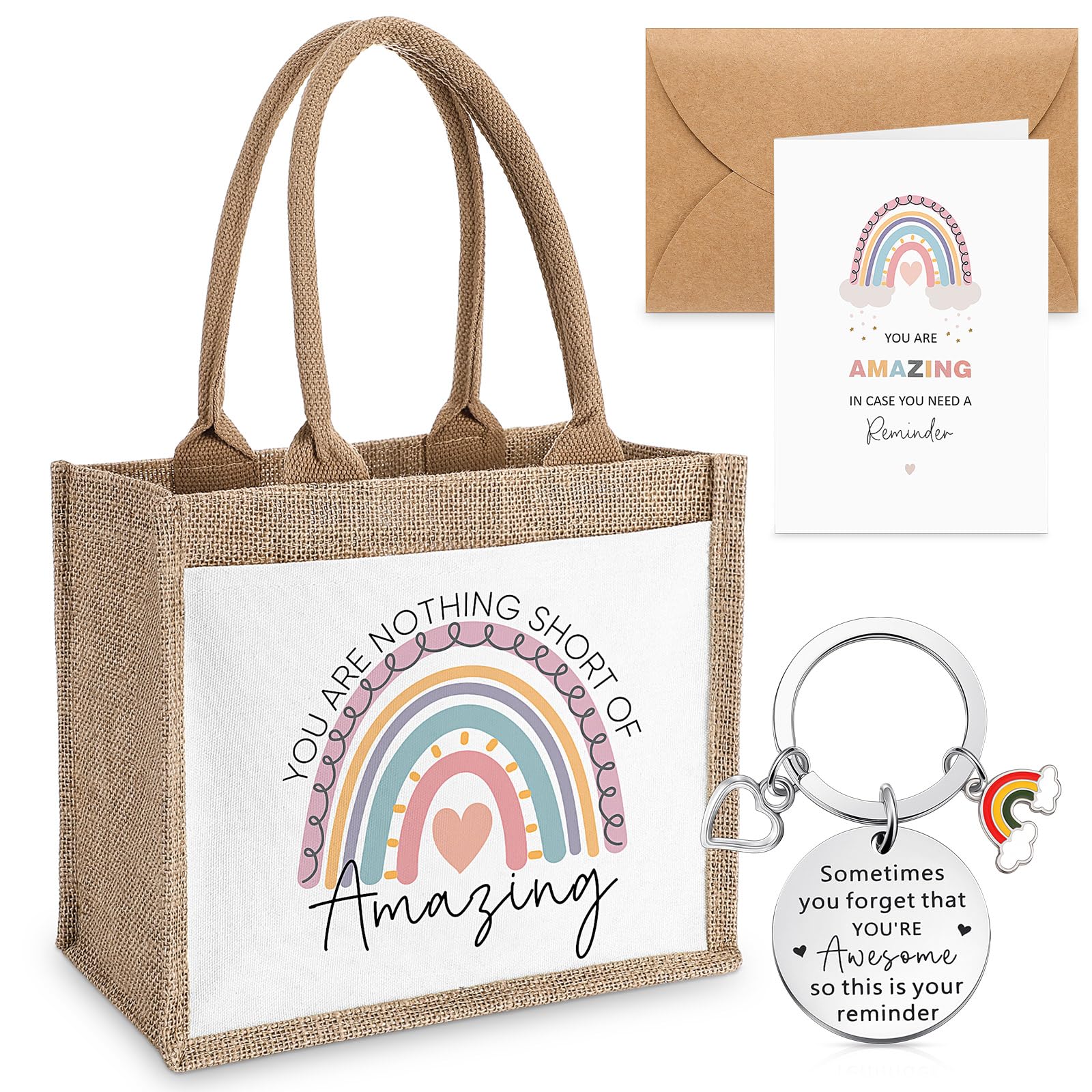 Weewooday 4 Pcs Inspirational Gifts for Girls Rainbow Bag Keychain Encouragement Card with Envelope Inspirational Thank You Gifts for Friend Men Women