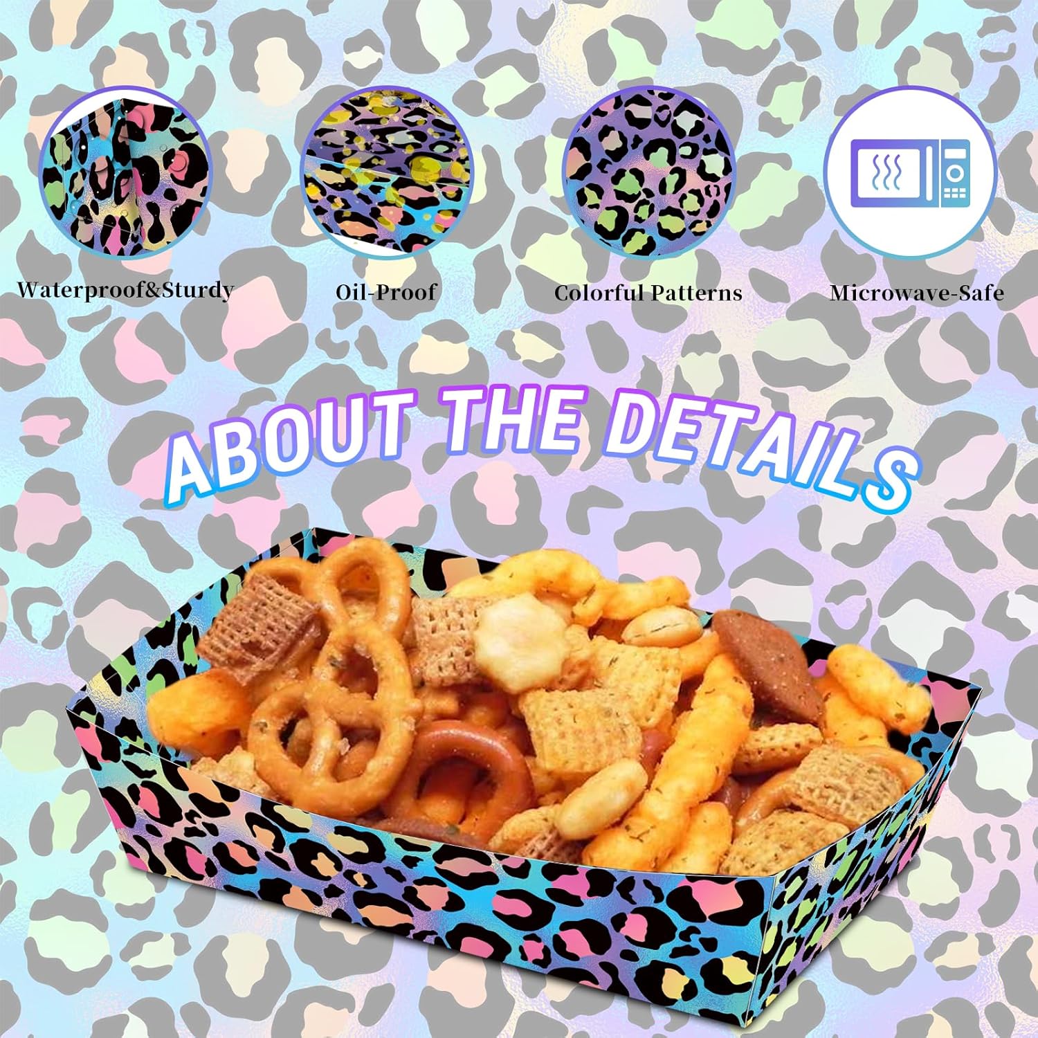 No Folding Required 100 Pack Neon Rainbow Leopard Print Cheetah Snack Tray 2 Lbs Large Disposable Paper Food Tray Paper Plates Jungle Safari Supplies Animal Print Baby Shower Party Decoration