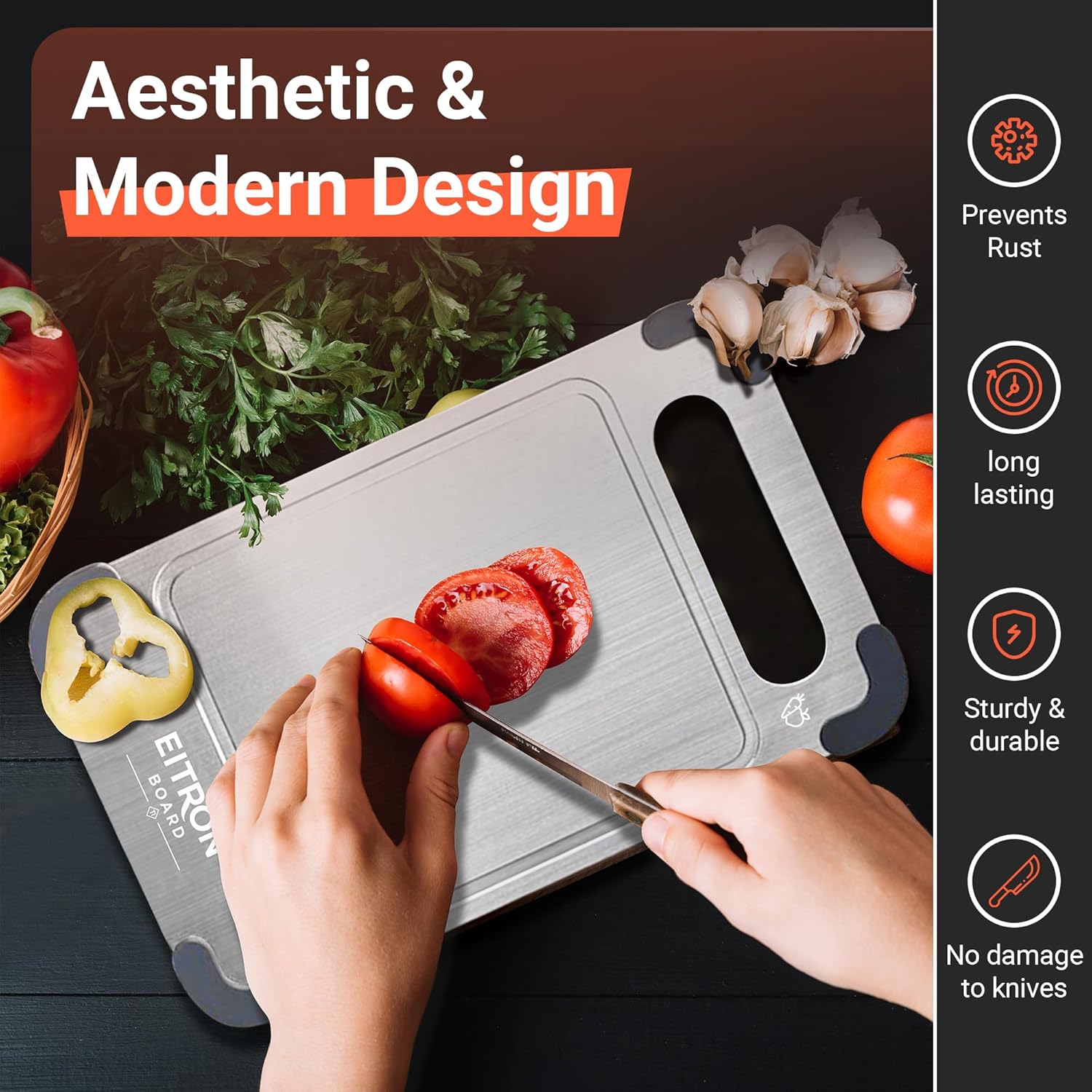 Titanium Cutting Board Set of 3 for Kitchen - 100% Pure Titanium Metal Chopping Boards, Non-Toxic Food Grade, Double-Sided with Juice Groove & Non-Slip Corners, Dishwasher Safe (S+M+L)