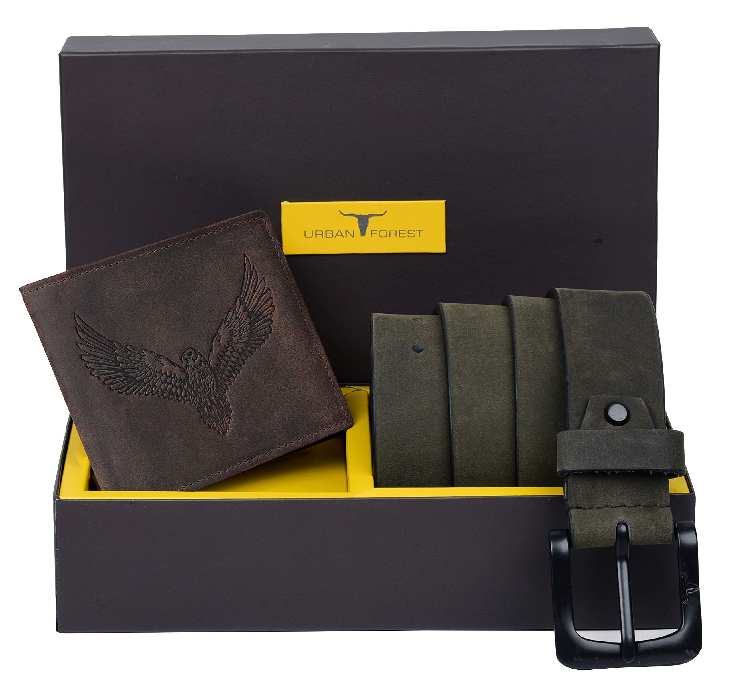 URBAN FOREST Zeke Vintage Brown Leather Wallet & Casual Grey Leather Belt Combo Gift Set for Men