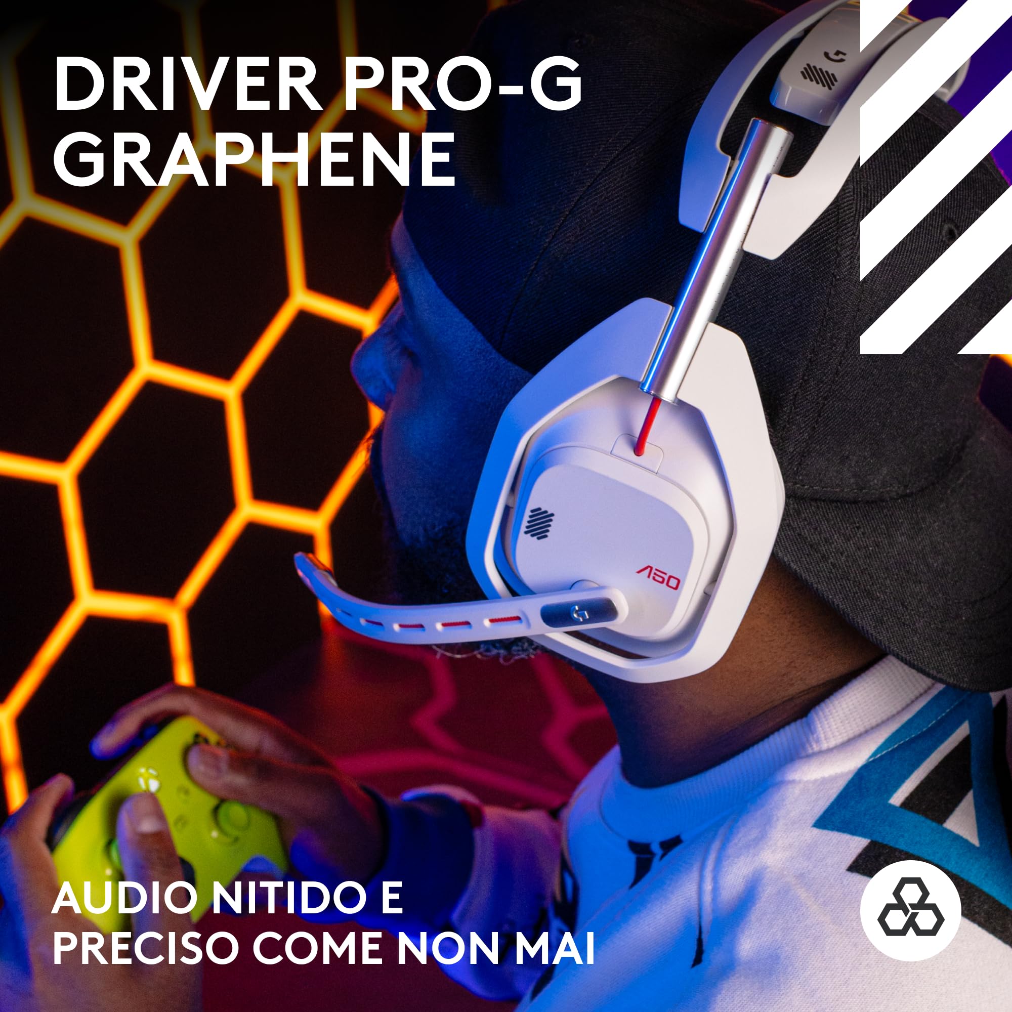 Logitech G Astro A50 Cuffia con microfono gaming wireless LIGHTSPEED + base di ricarica (Gen 5), PRO-G GRAPHENE, passaggio fra 3 sistemi, USB-C, Xbox, PS5, PC/Mac o Nintendo Switch, Bluetooth - Bianco