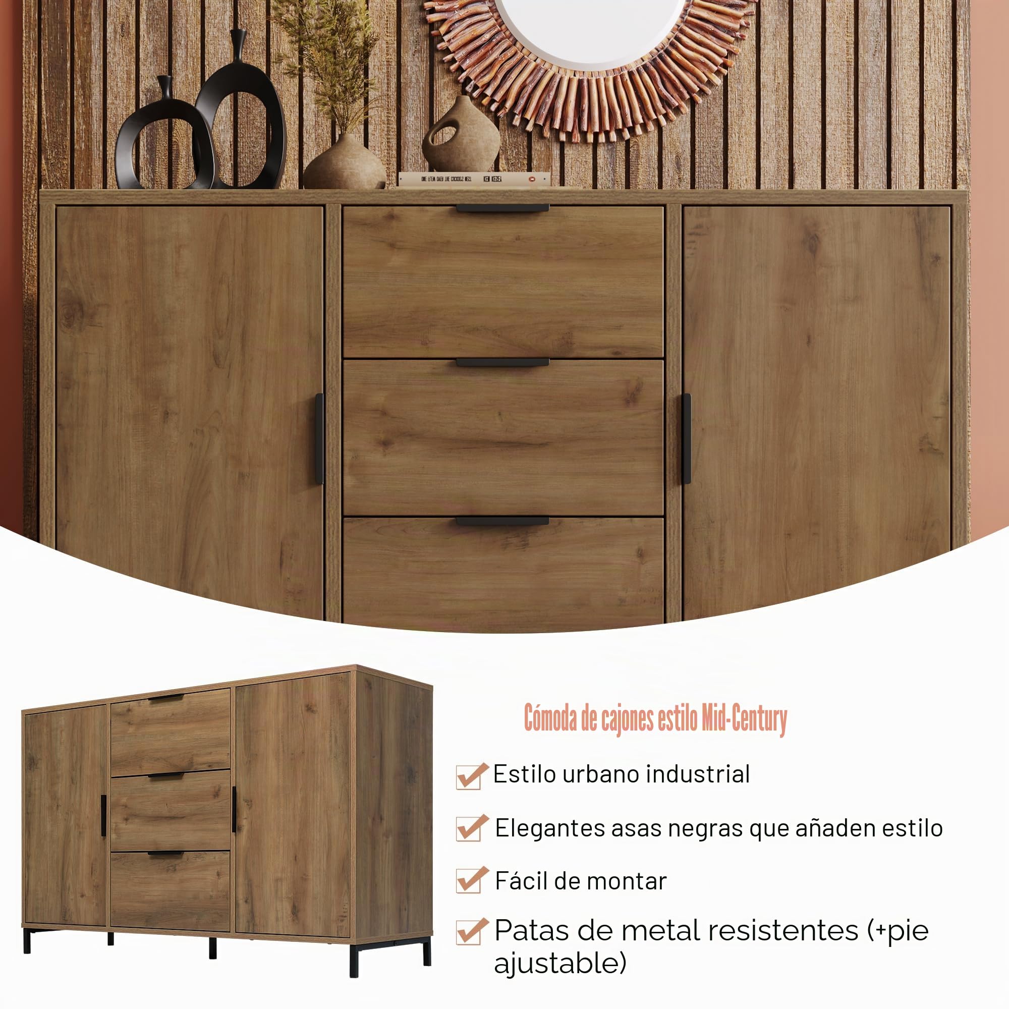 Merax Aparador cómoda con 2 puertas y 3 cajones de 120 cm, armario buffet con estante ajustable, armario de almacenamiento en roble oscuro, patas metálicas, para dormitorio, salón, 120 x 40 x 76 cm