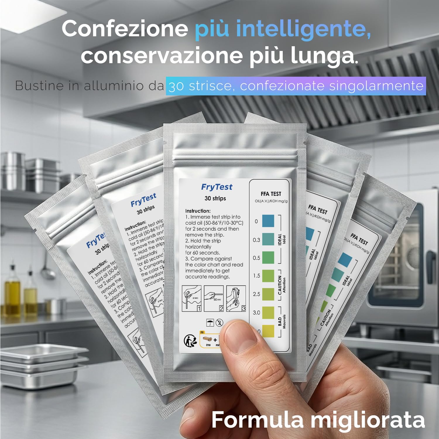 Strisce Test Olio Frittura FFA – App Gratuita Inclusa – Controllo Qualità HACCP – Certificato ISO 9001 – 150 Strisce – Tester Olio Friggitrice Ristoranti Cucina Professionale