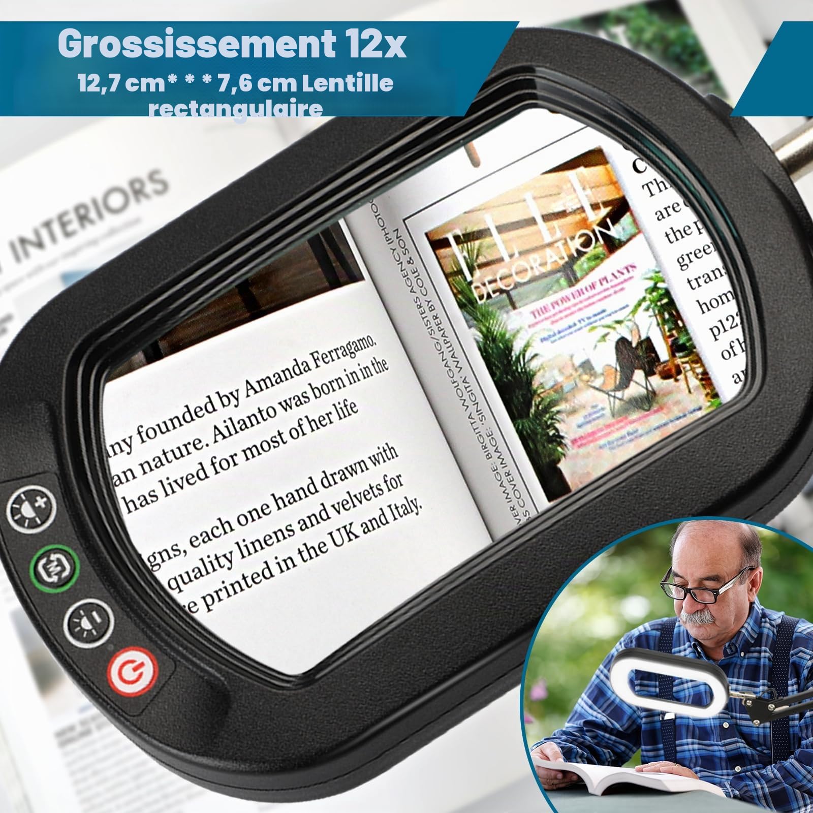 Veemagni 12X Rectangulaire Loupe avec éclairage et Support, 5 Modes de Couleur Réglables en Continu, Lampe de Bureau LED 2 en 1 avec Pince, Loupe Mains Libres pour la Lecture et Les Loisirs Créatifs