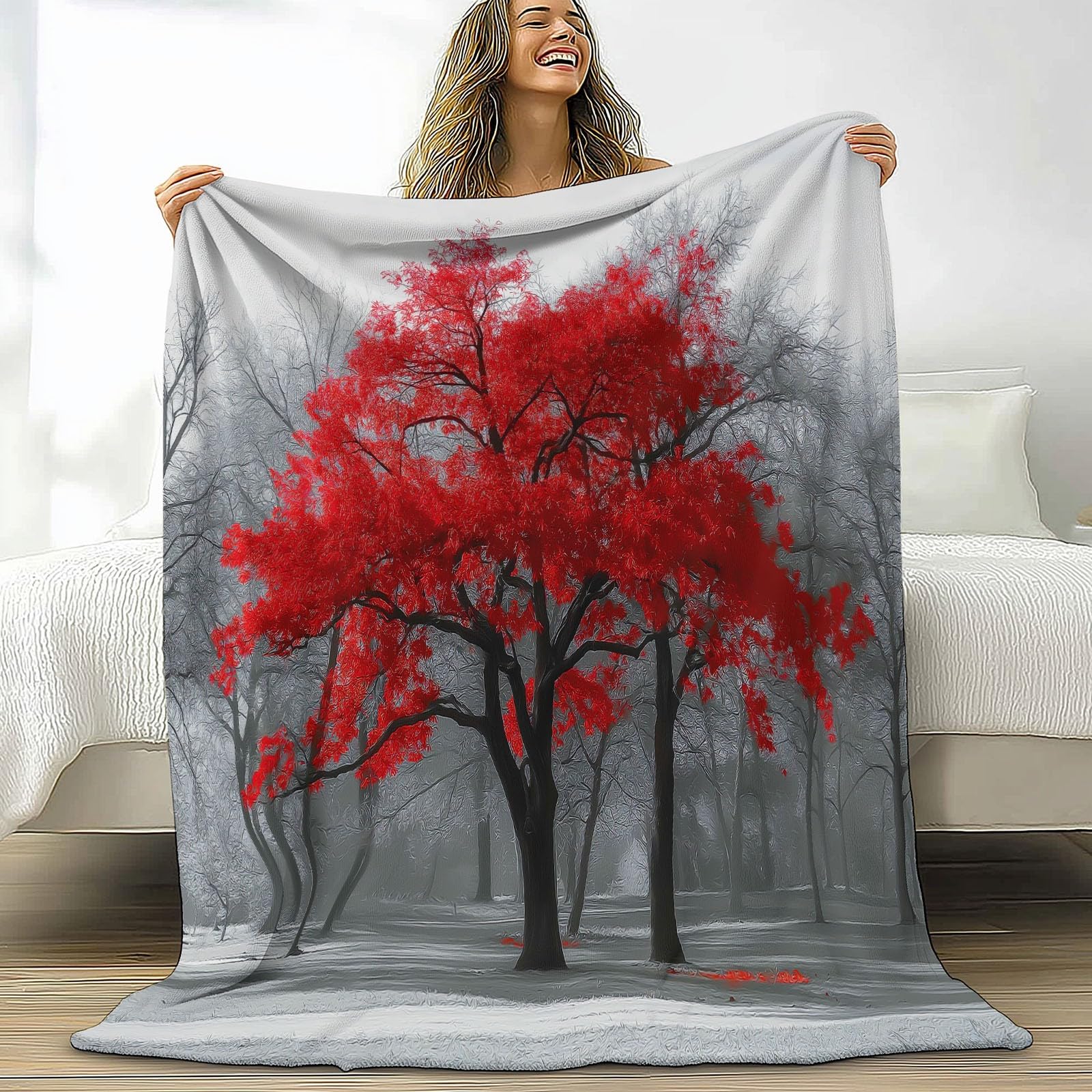 Jeté de canapé en flanelle de qualité supérieure motif nature forêt rouge d'automne