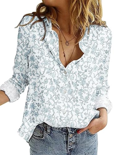 Womens V Neck Roll up Sleeve Button Down Blouses Tops