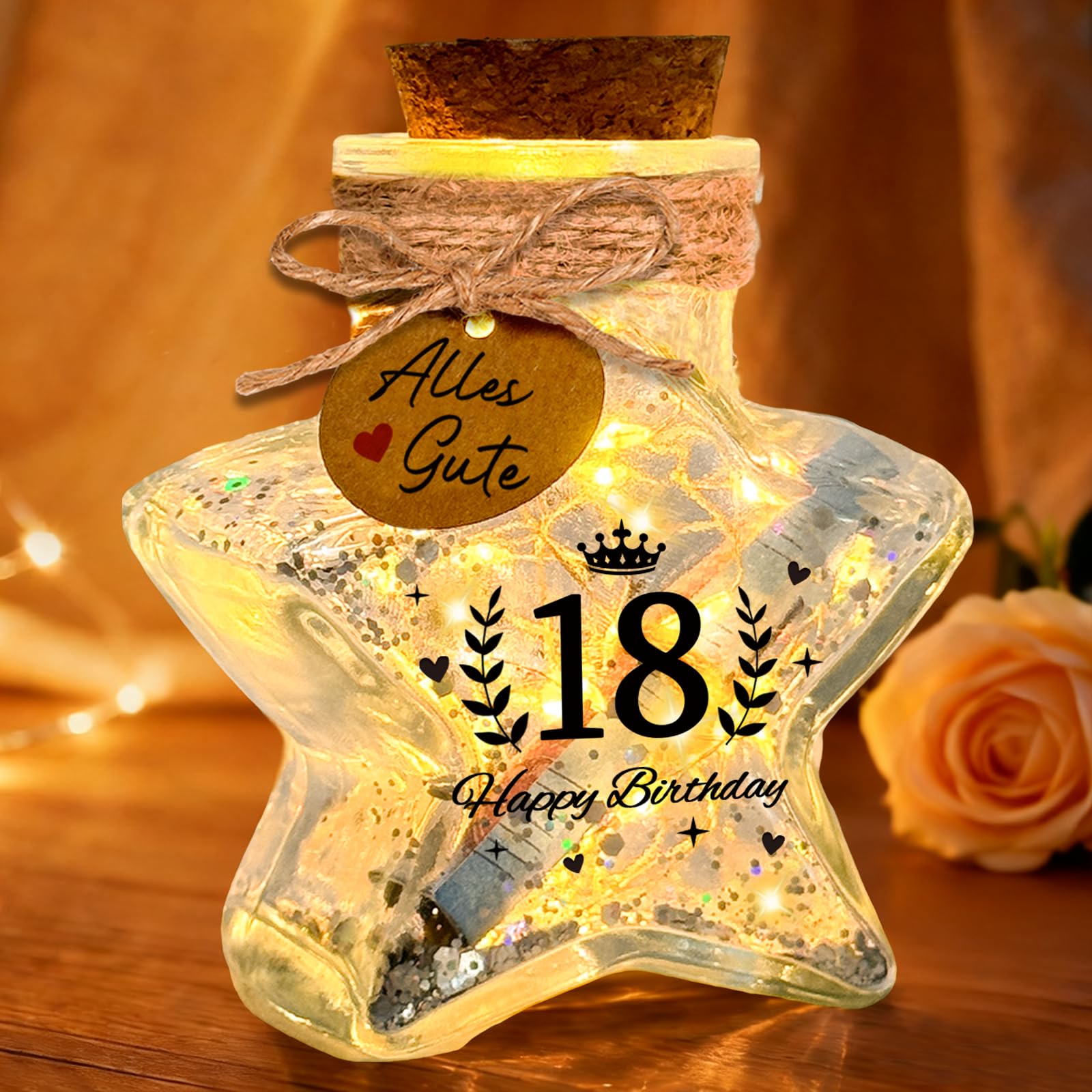 Leboria 18. Geburtstag Mädchen, Geschenke zum 18 Geburtstag Mädchen Junge, Geldgeschenke Geburtstagsgeschenk LED Flaschenlicht Sternform mit Korken, Geburtstagsdeko für Tochter, Sohn, Schwester
