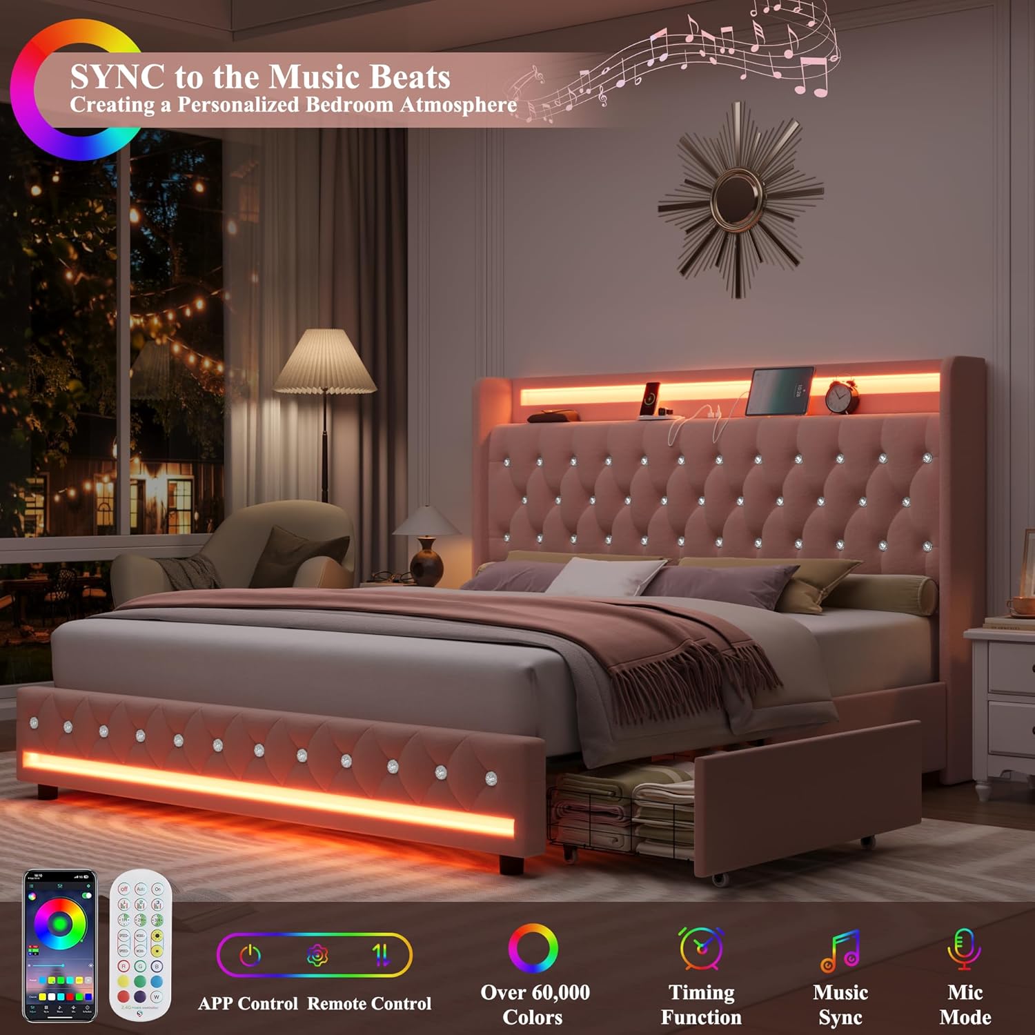 HIFIT Upholstered King Size LED Bed Frame with Charging Station & 4 Storage Drawers, Velvet Crystal Button-Tufted Wingback Headboard, Princess Platform Bed Frames for Girls, No Box Spring Needed, Pink