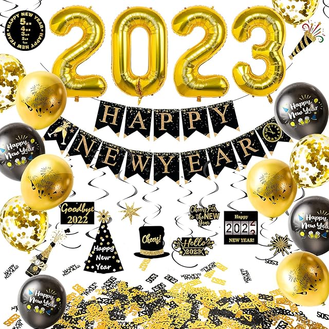 iZoeL Happy New Year Decorations 2023 Black Gold Happy New Year Banner 2023 new year balloons New Year Hanging Swirl table confetti for 2023 New Years Eve Party