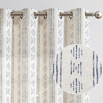 jinchan Linen Curtains Farmhouse Boho Drapes 108 Inch Grommet 2 Panels Blue | Bohemian, geometric striped patterned, light filtering, semi sheer, bedroom, living room, window treatment, blue on flax