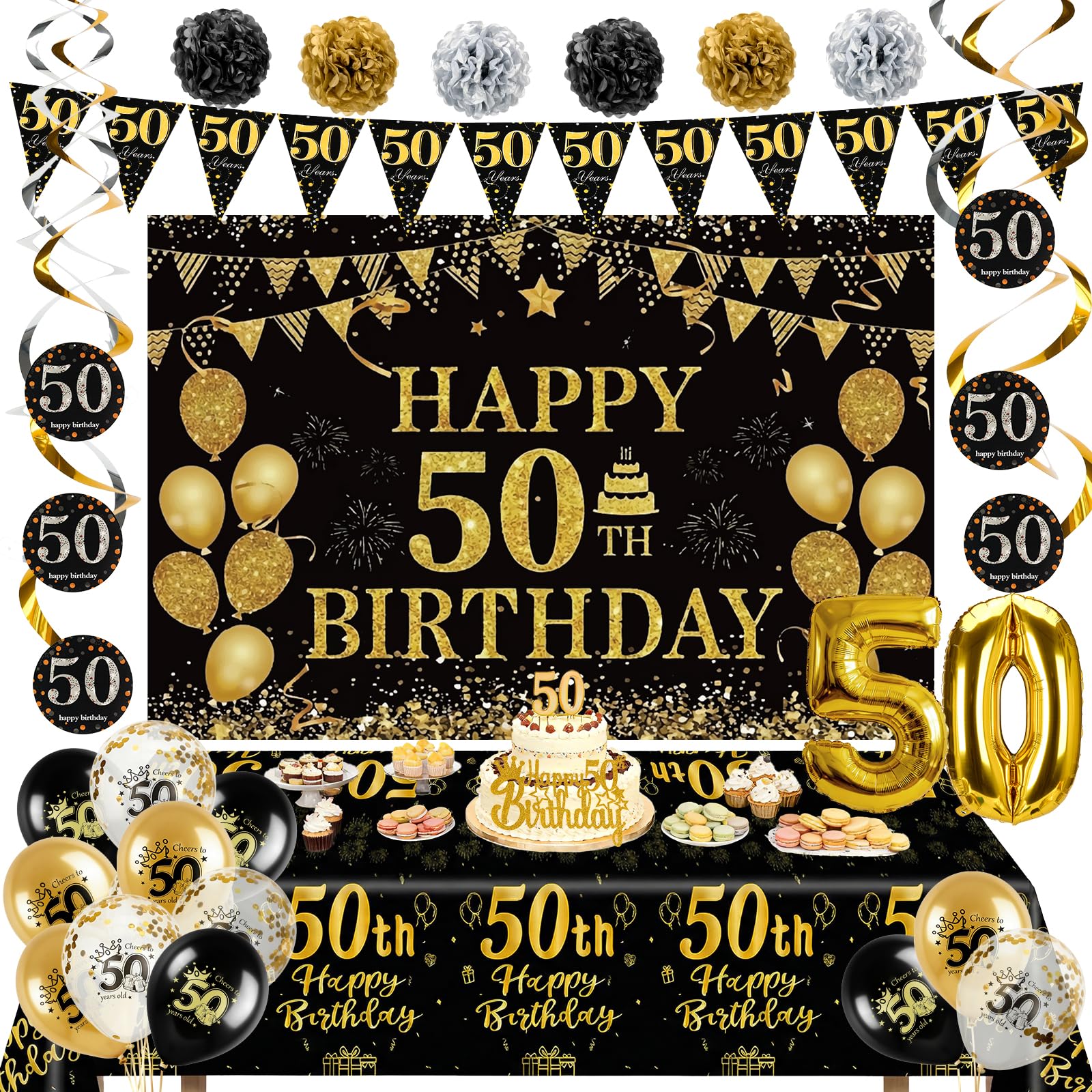 50th Birthday Decorations for Men Women, Black Gold Party Backdrop Happy 50th Birthday Decoration Set with Banner Number Foil Balloon Tablecloth Cake Topper, 50 Year Old Party Supplies Decor — image 1