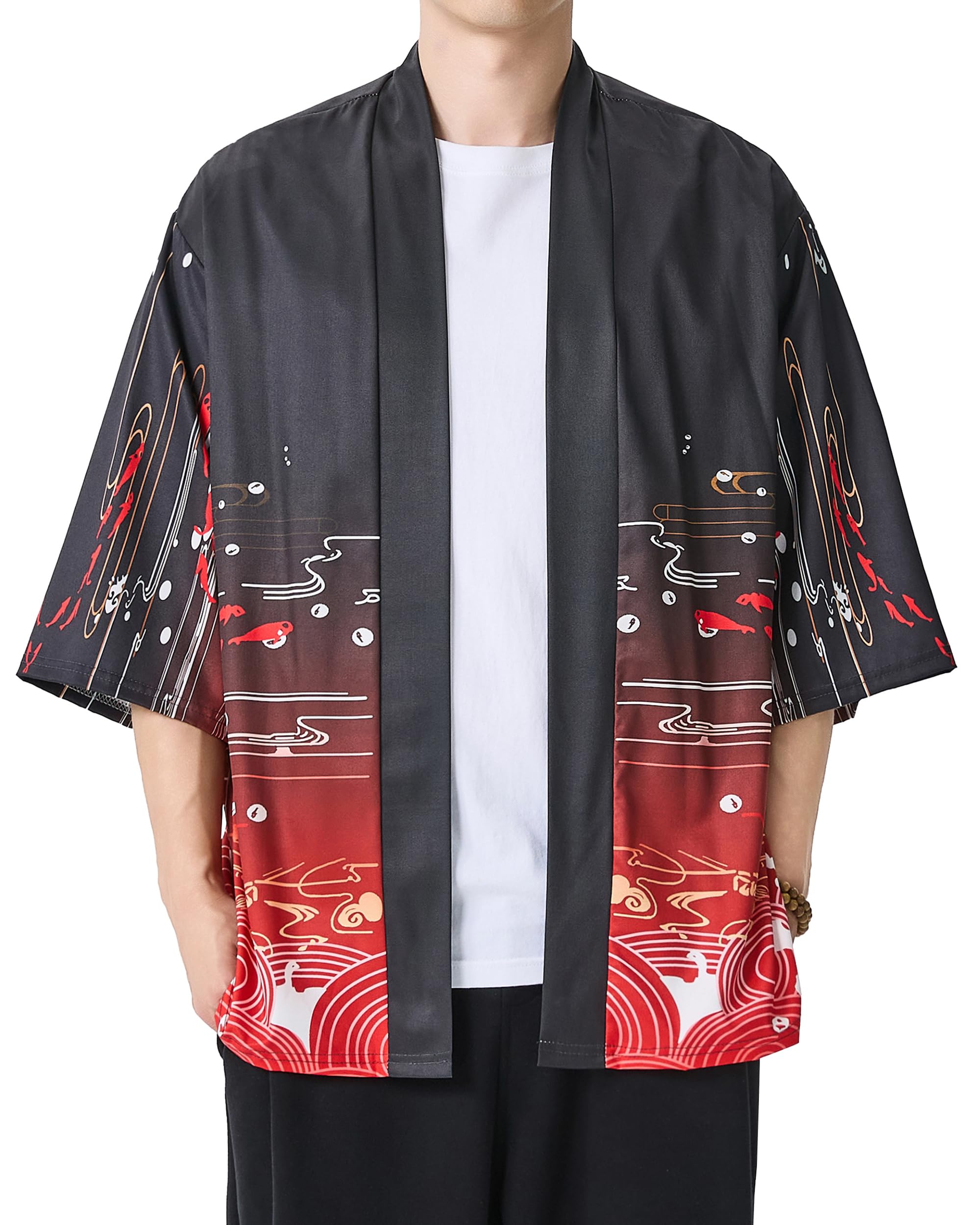 Men's Kimono Jacket Lightweight 3/4 Sleeve Kimono Cardigan Japanese Robe