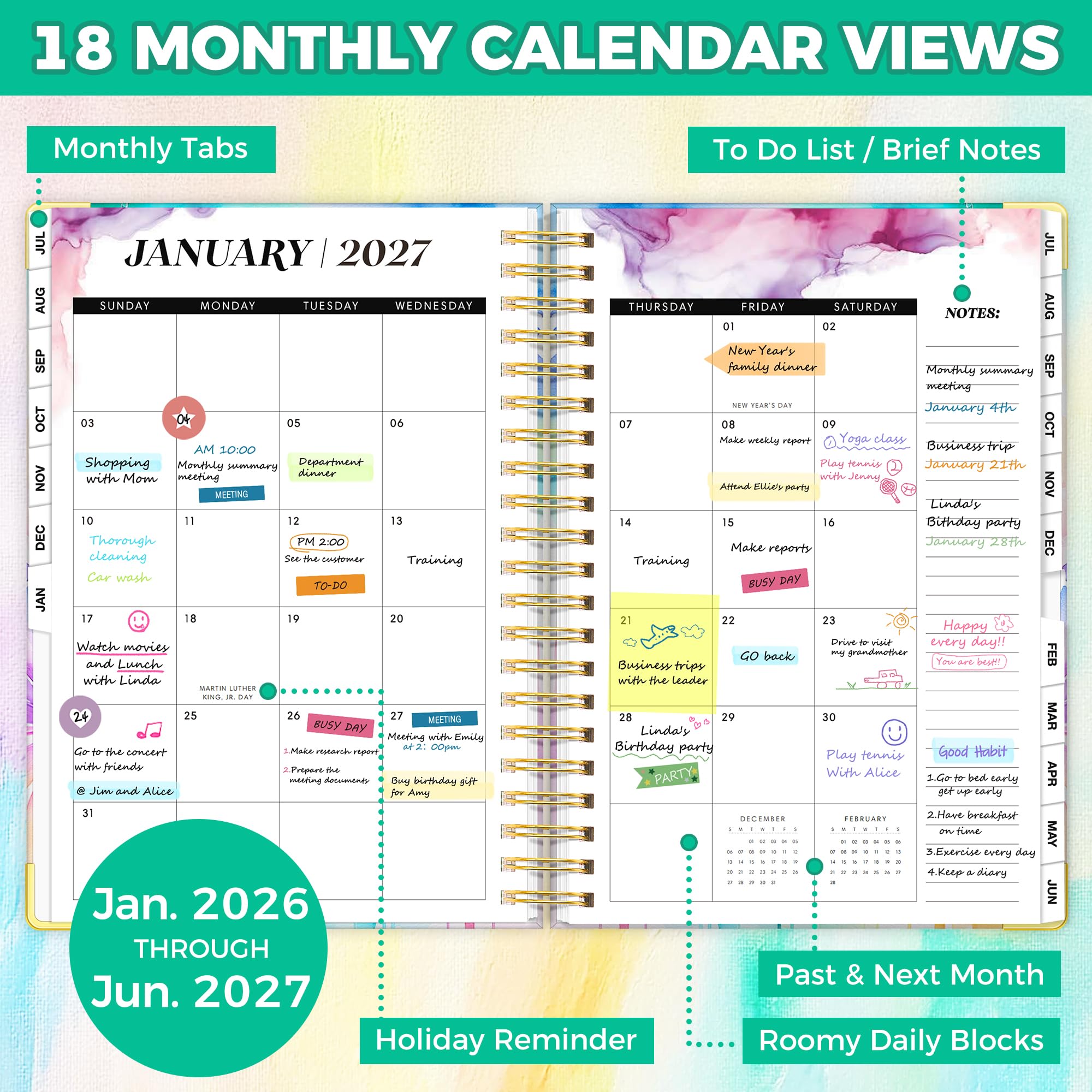 Planner 2026-2027, agenda settimanale e mensile 18 mesi, gennaio 2026 - giugno 2027, 22,9 x 29,5 cm, calendario con copertina rigida con linguette per pagina, pagina separatore, tasca interna