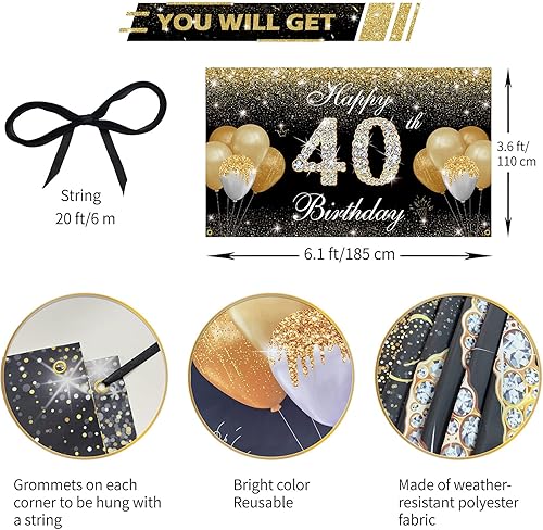Miniatura 2 de Decoraciones de feliz cumpleaños 40 para hombres y mujeres, pancarta de fondo de cumpleaños número 40 negro y dorado, cartel de patio, accesorios de