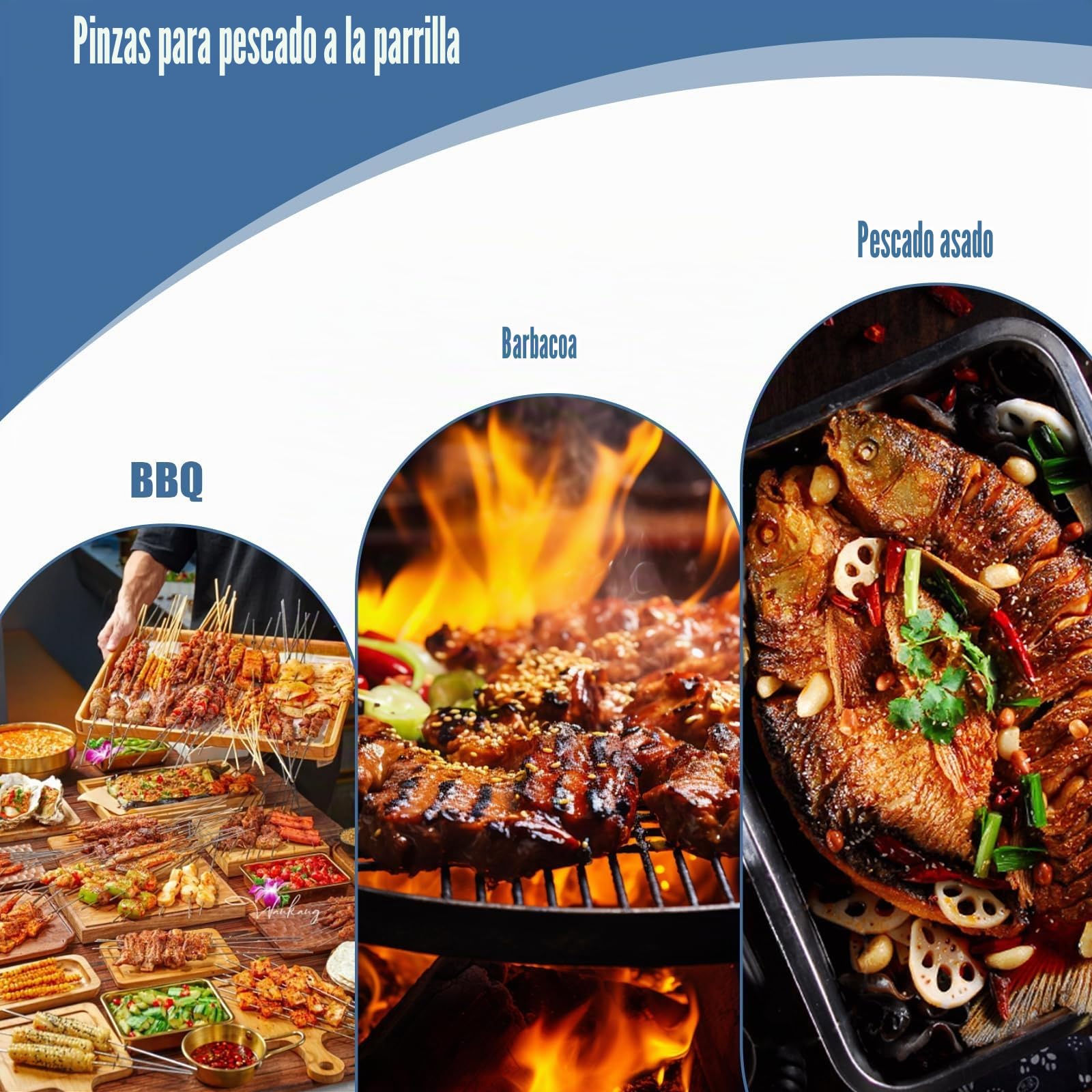 3 soportes para barbacoa de pescado con mango de madera, 63 x 12 cm, asador de pescado grande con mango de metal, pinzas para barbacoa y barbacoa