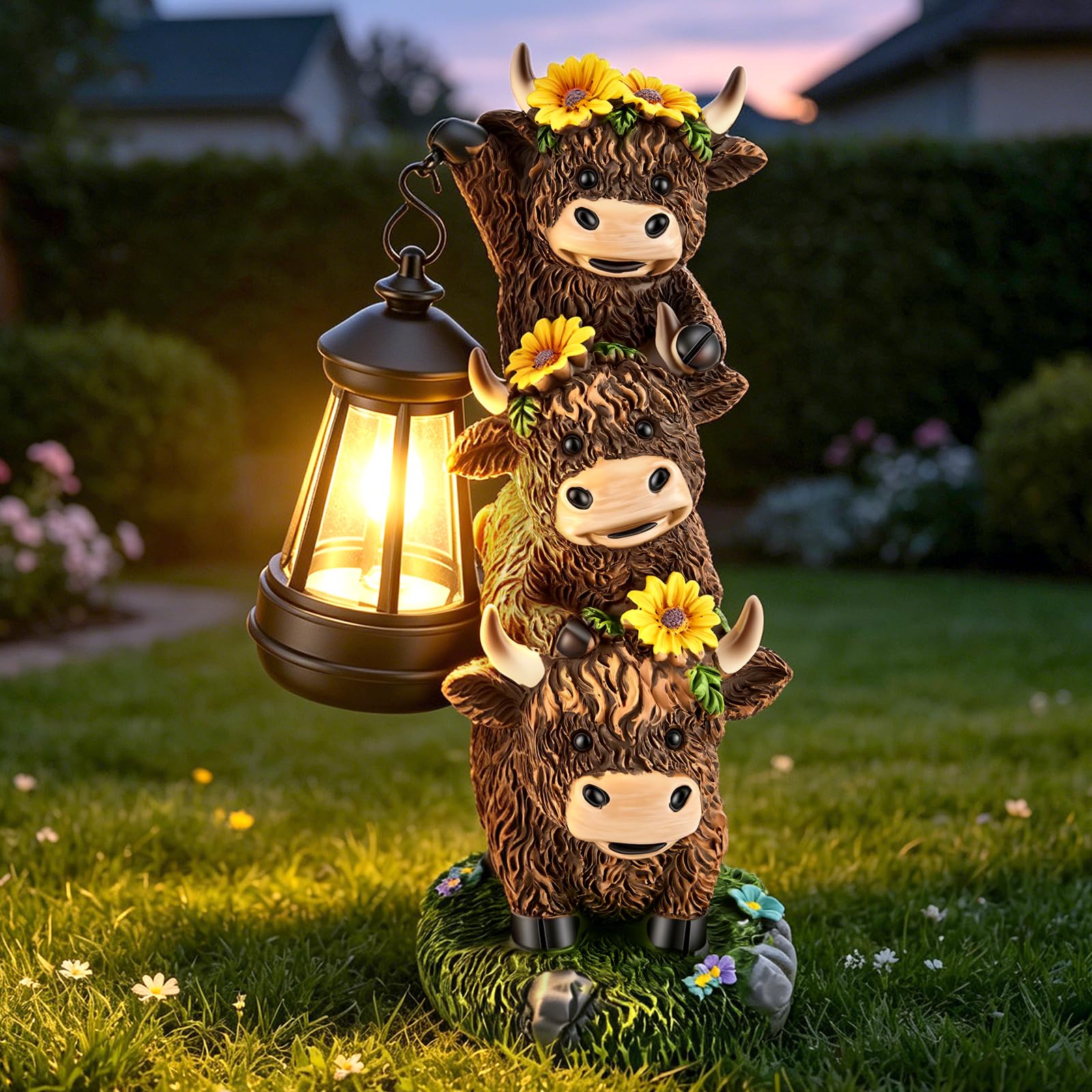 Normodic Highland Cow Garden Ornaments with Solar Lantern, Outdoor Garden Decor for Balcony Patio Home Lawn Yard, Funny Animal Statue Gnome Figurine, Birthday Housewarming Gifts for Women