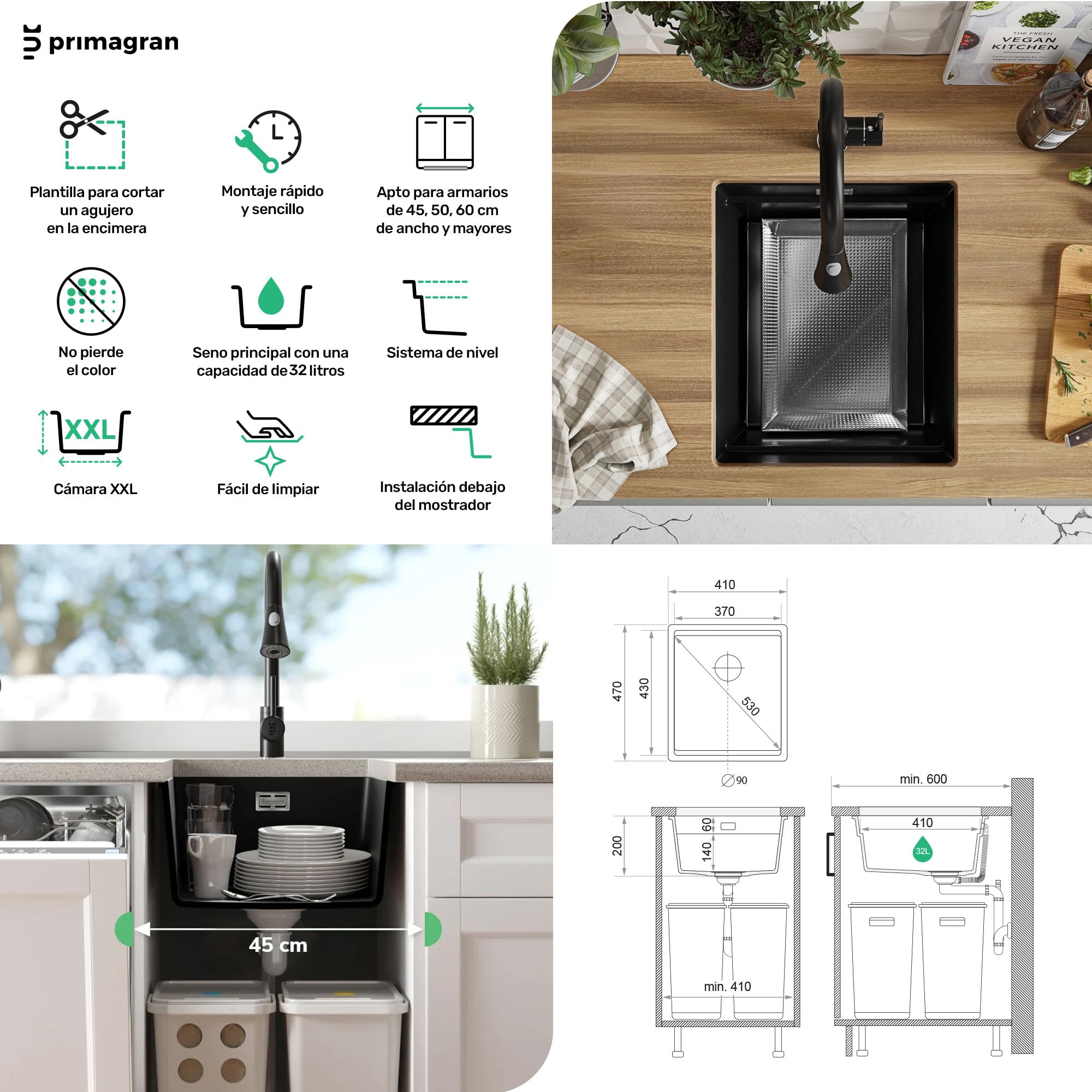 PRIMAGRAN Fregadero bajo Encimera Todo Negro 41x47cm, Cocina 1 Seno + Sifón + Enrollable Escurridor, Granito al Mueble 45cm - Prague Level S137
