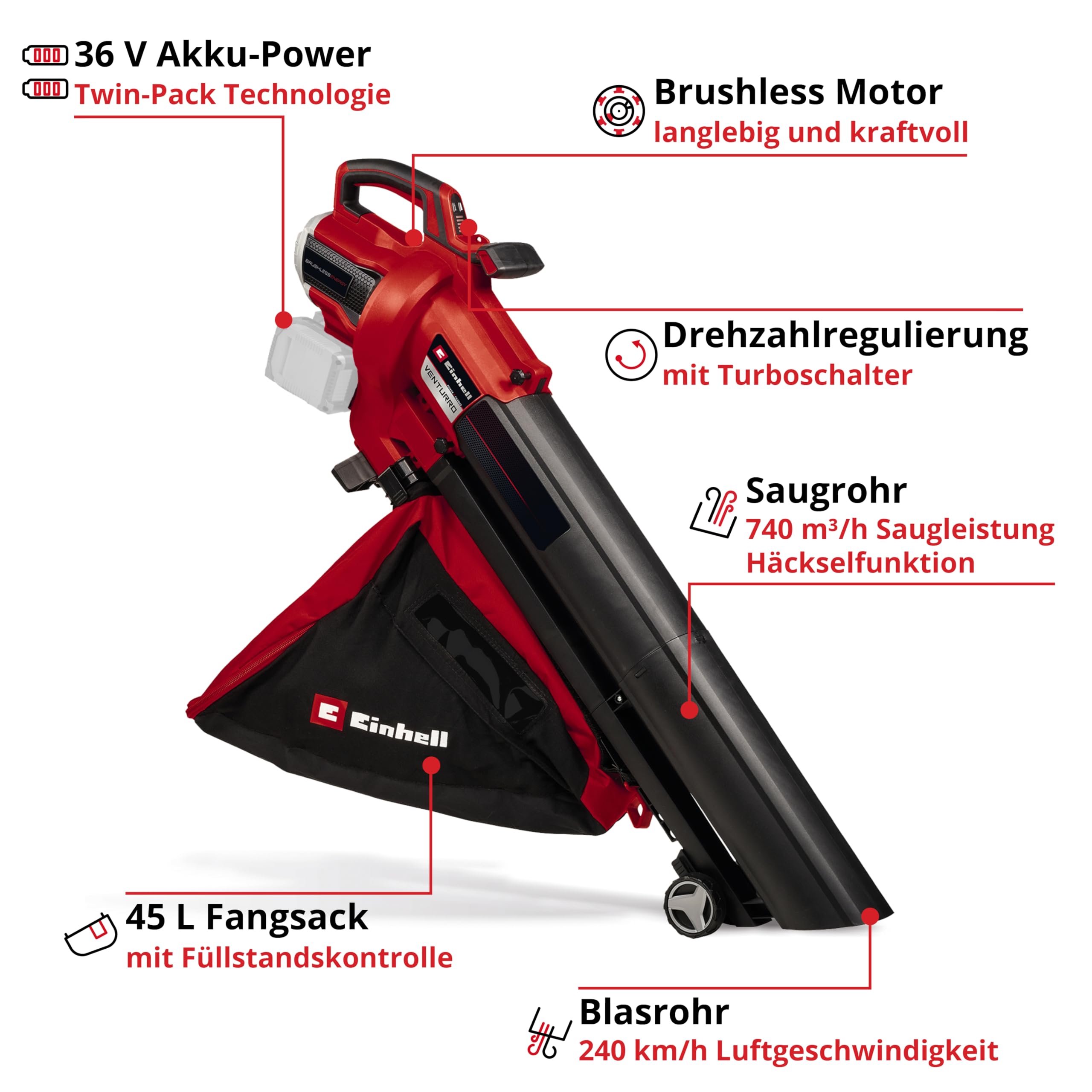 Einhell Professional Akku-Laubsauger VENTURRO 36/240 Power X-Change (36 V, Li-Ion, Saugleistung bis 740 m³/h, Fangsack 45 L, Blasfunktion bis 240 km/h, inkl. 5,2 Ah Akku & Ladegerät)