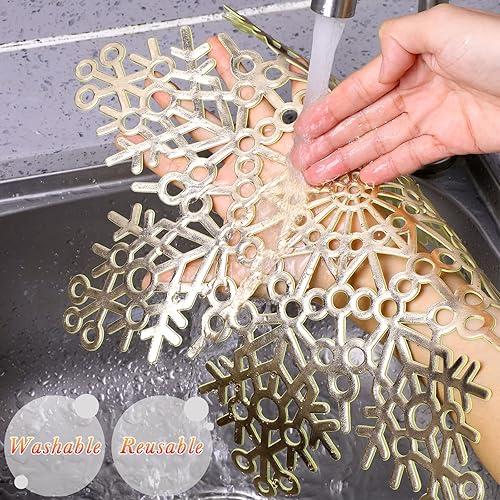 Miniatura 3 de Juego de manteles individuales de copo de nieve de 15 pulgadas, vinilo prensado metálico, lavable, resistente al calor, antideslizante, hueco, para