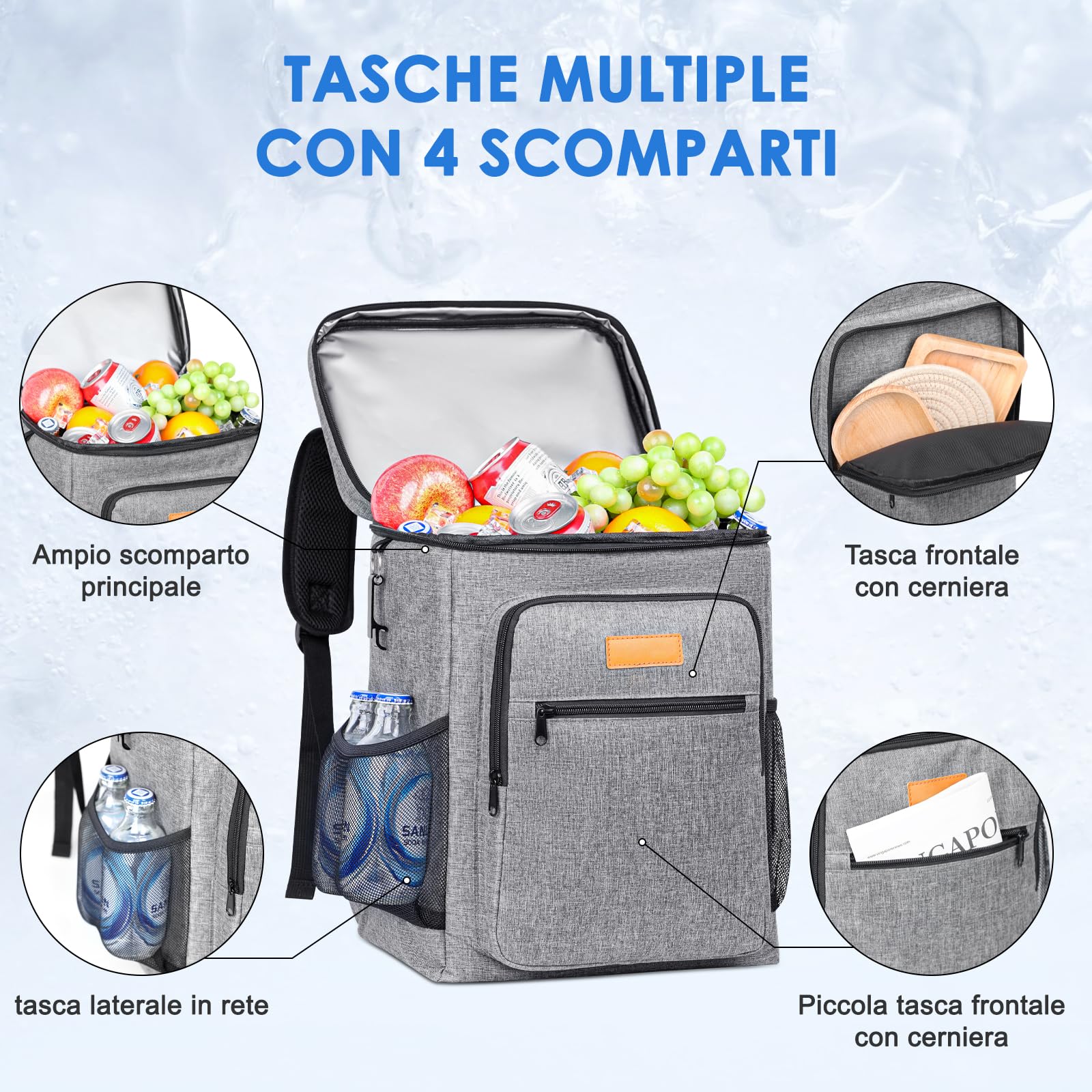 Zaino Termico Frigo 24L Borsa Termica Isoterma Impermeabile Grigio