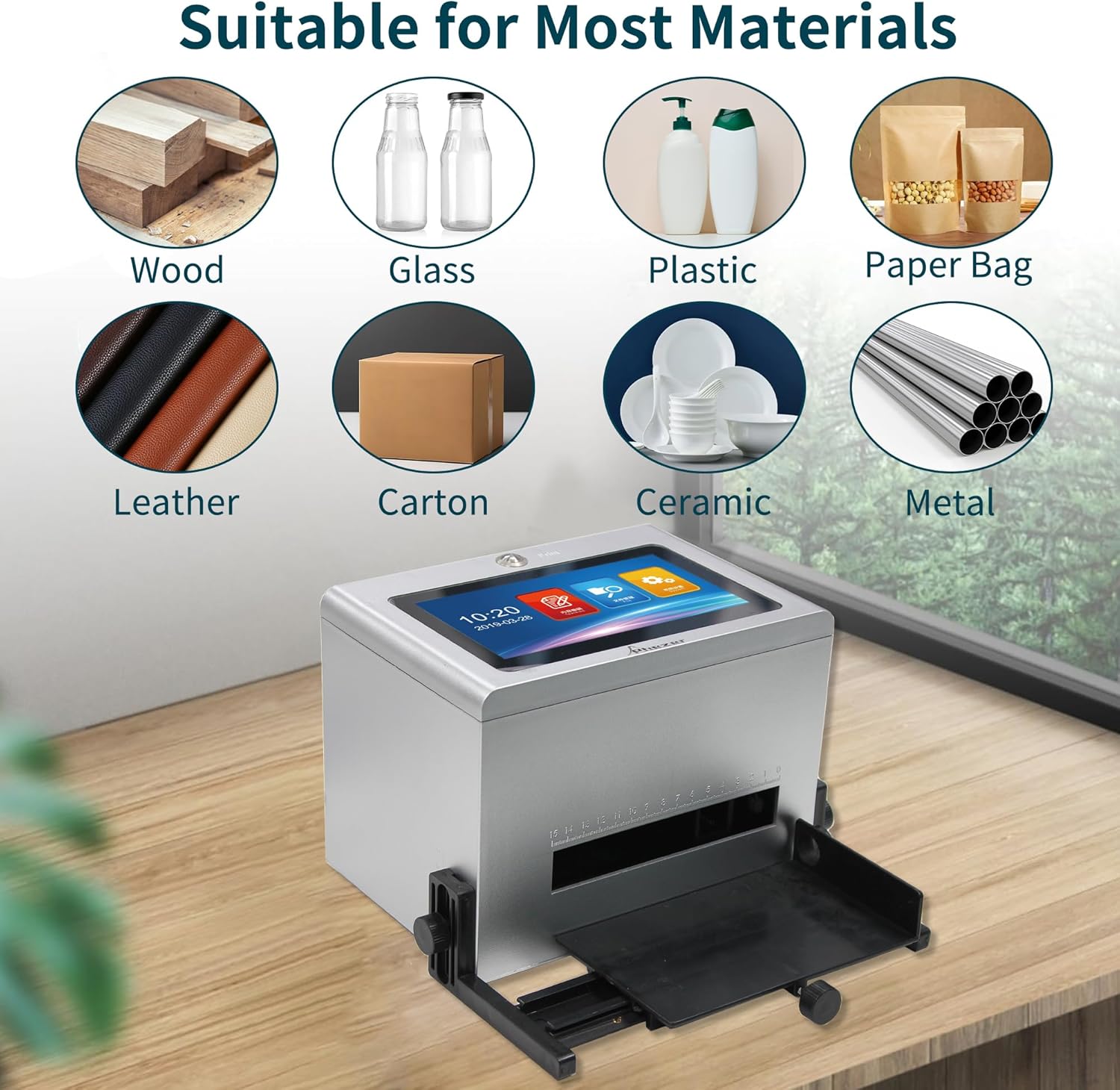 Diagram showing materials suitable for the Phezer inkjet printer: wood, glass, plastic, paper bag, leather, carton, ceramic, metal.