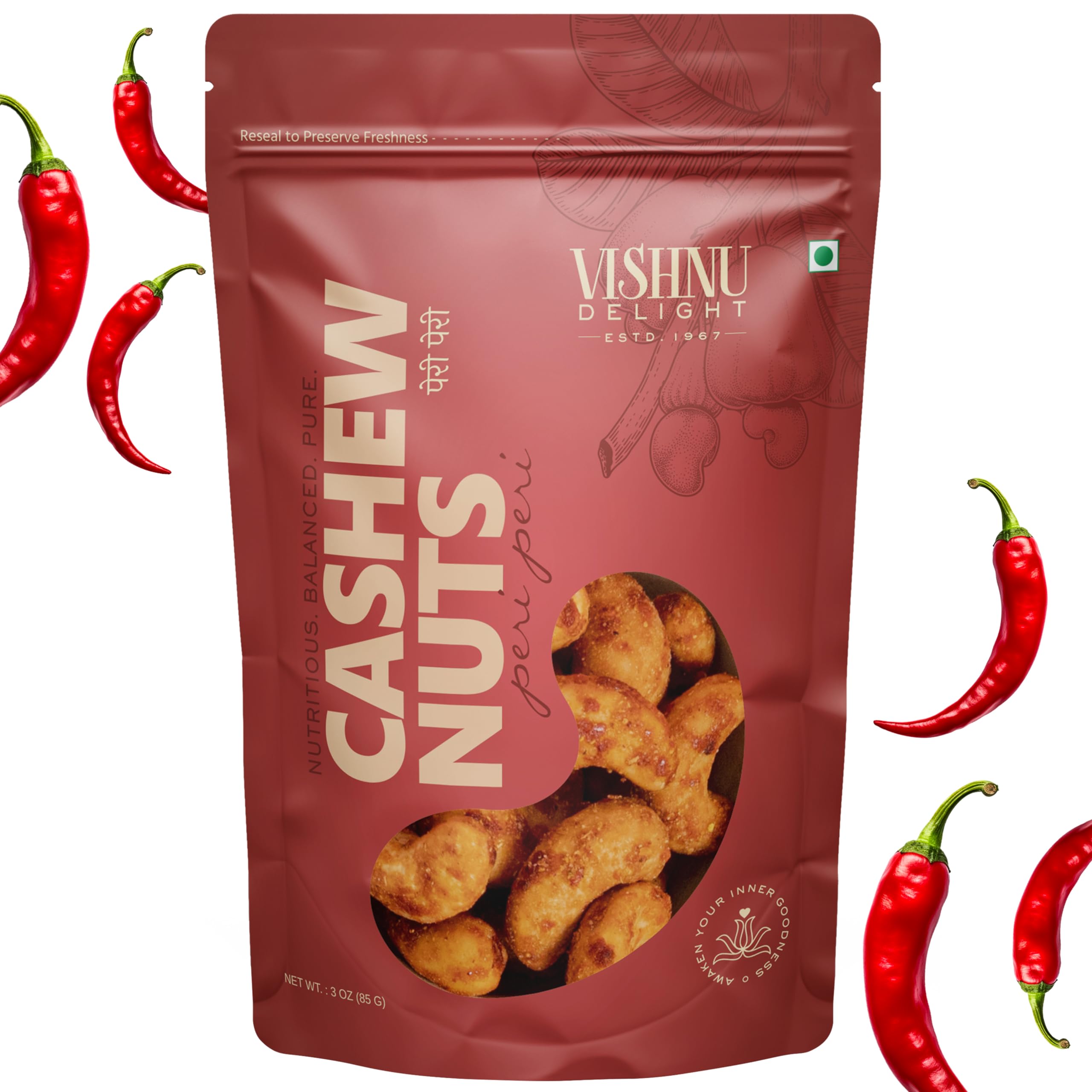 Vishnu Delight Peri Peri Flavor Cashews 2.99 Ounce Pouch - A Fiery Twist on Traditional Cashews, Rich in Protein, Fiber, and Healthy Fats for a Guilt-Free Snack