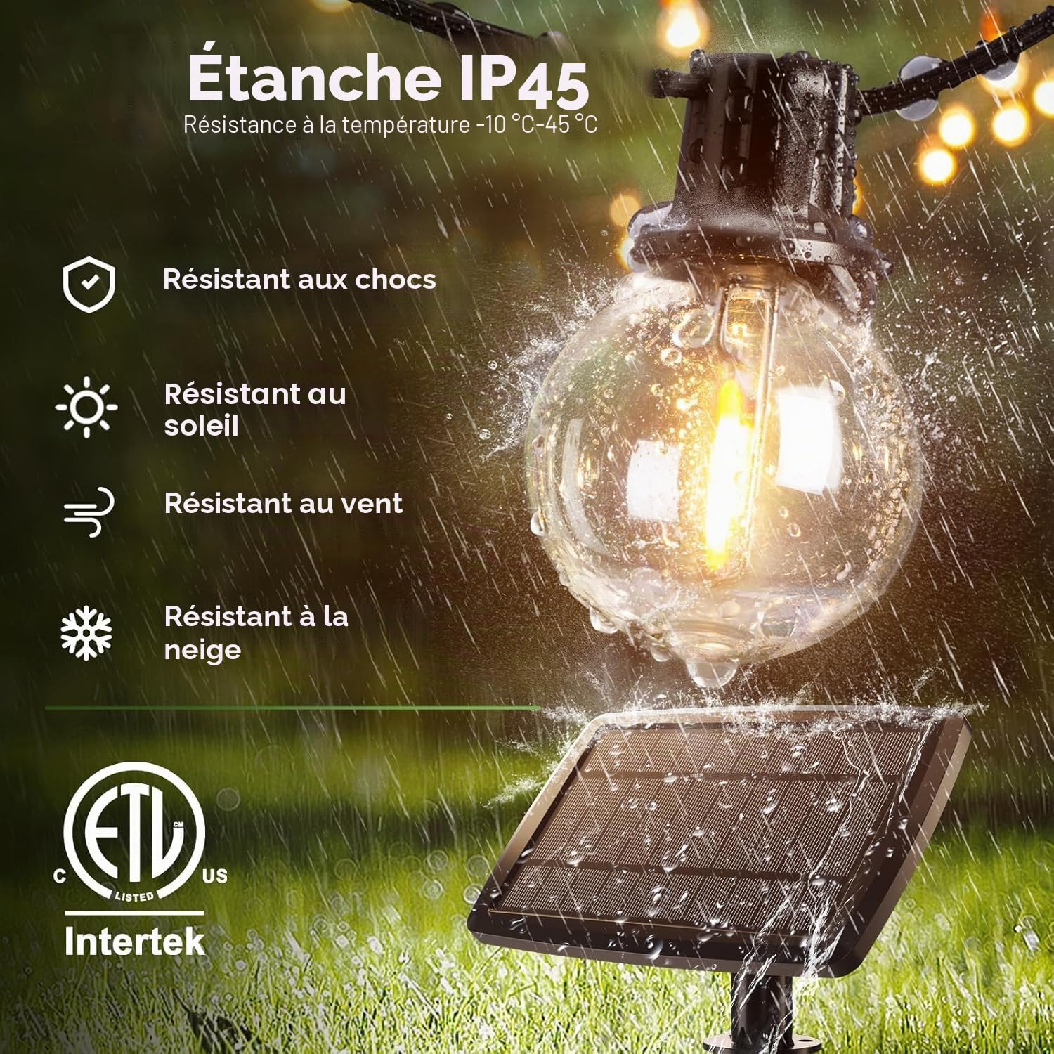 Svater Guirlande Solaire Extérieure 30m 52 Ampoules - Étanche IP65/IP45-4 Modes Lumière Chaude - Panneau 5W Grande Capacité - Auto Détecteur Crépuscule - 5.5V Sécurité (Blanc Chaud, Guinguette)