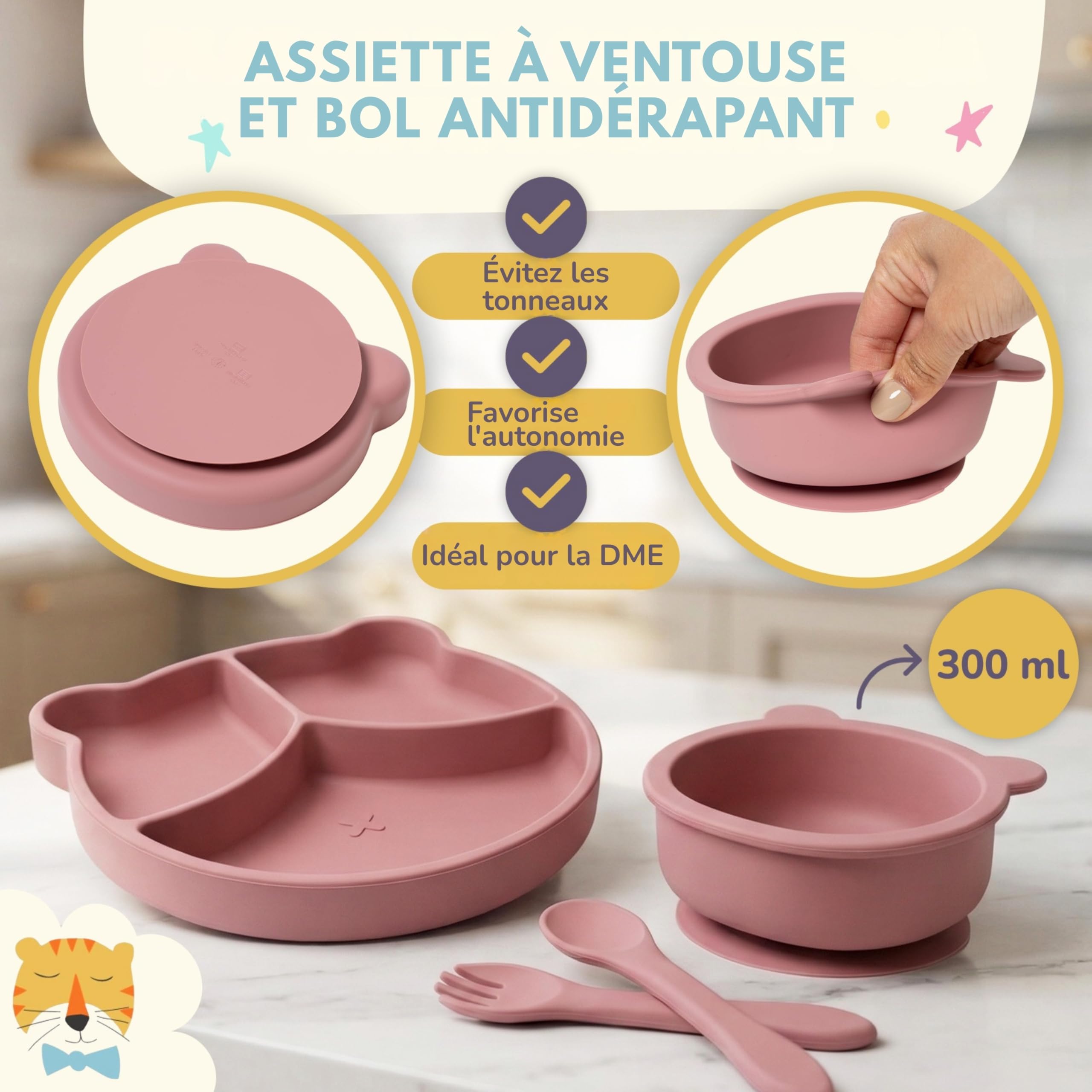 Coffret Repas Bébé en Silicone 12 Pièces | Assiette à Ventouse + Bol + Tasse 3en1 + Couverts + Bavoirs Imperméables + Tétine Grignoteuse | Sans BPA | Compatible Micro-ondes et Lave-vaisselle
