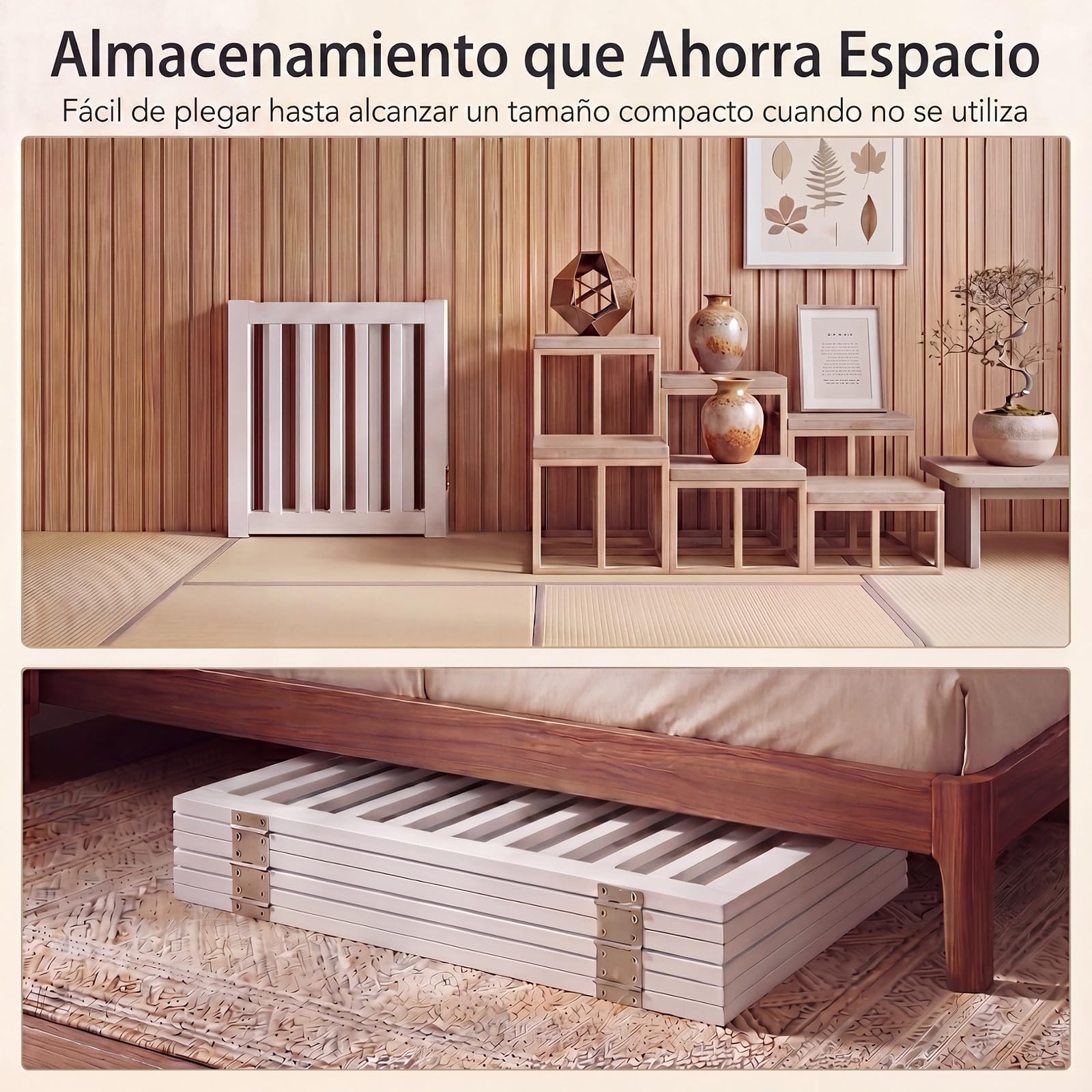 GYMAX Puerta para Perros de 6 Paneles, Valla Interior Plegable de Madera de Caucho con Patas de Apoyo, Barrera de Seguridad Portátil para Escaleras y Pasillos, Blanco