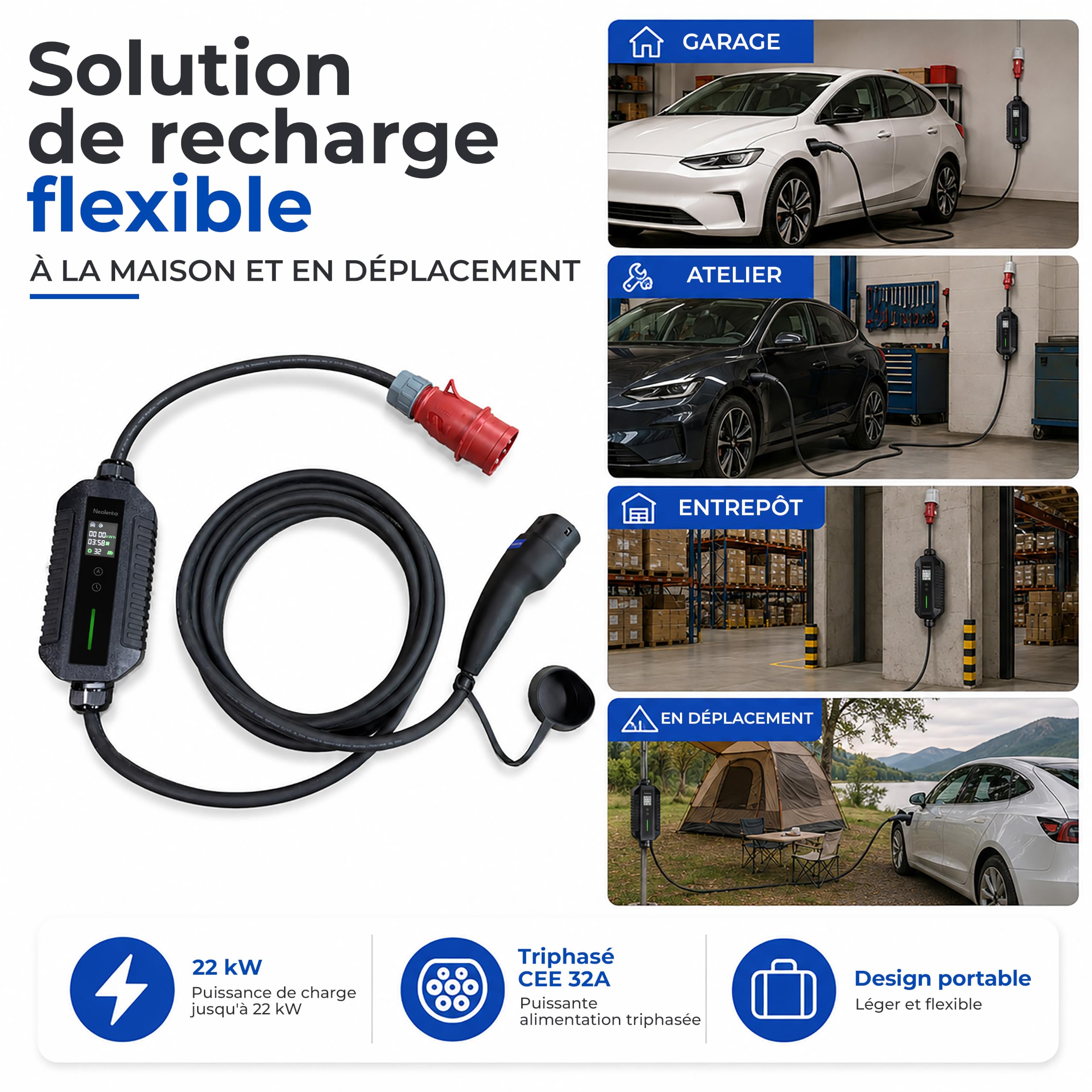 Chargeur Voiture Électrique Triphasé 22kW, Borne de Recharge Mobile Type 2 6 m, Wallbox CEE 32A, Courant Réglable 6A–32A, RCD Intégré, Maison et Déplacements