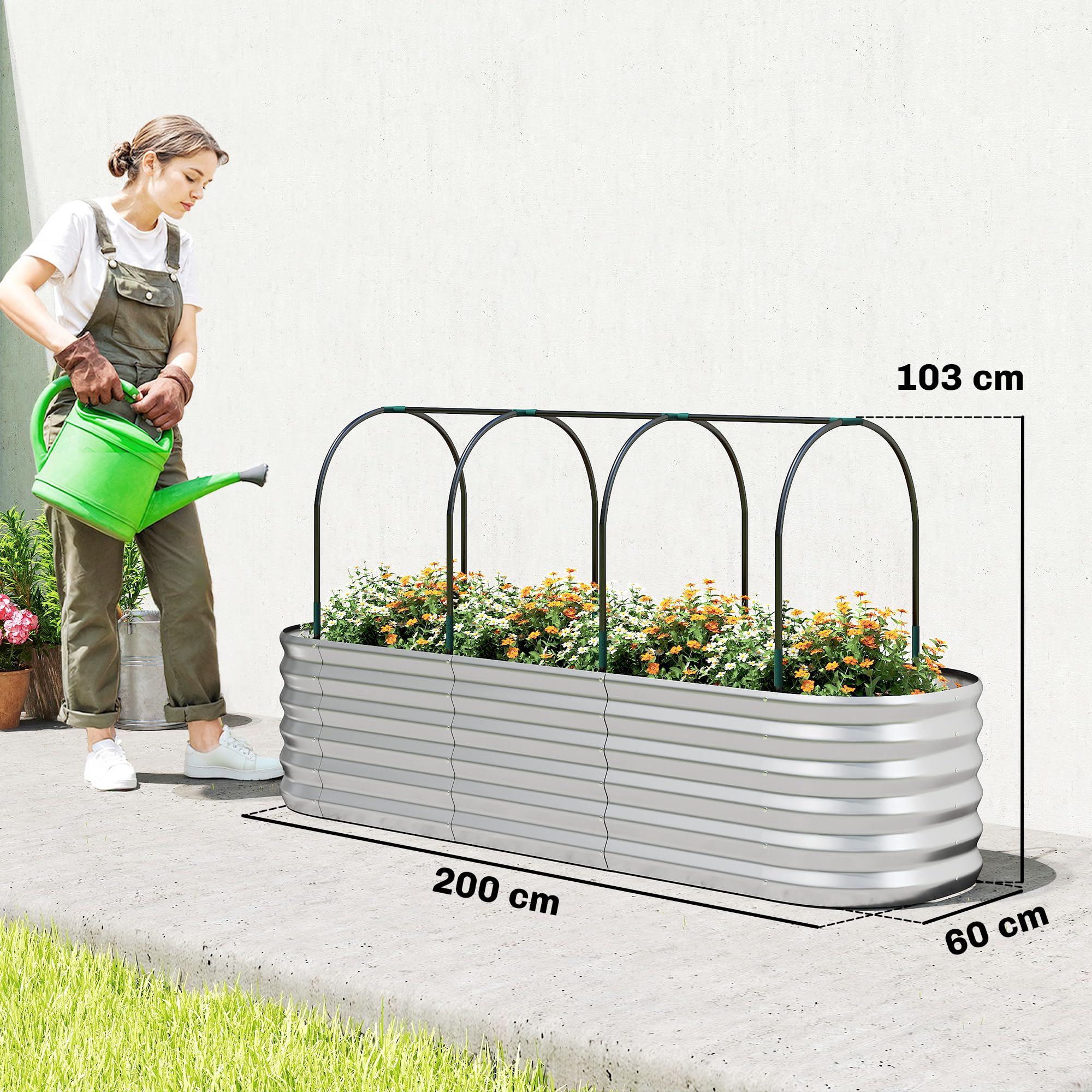 Outsunny Orto Rialzato da Esterno con Graticcio per Piante Rampicanti, Serra Coperture, Fioriera da Esterno Elevata in Acciaio con Fondo Aperto e Guanti, Verdure e Fiori, 200x60x103 cm, Argento