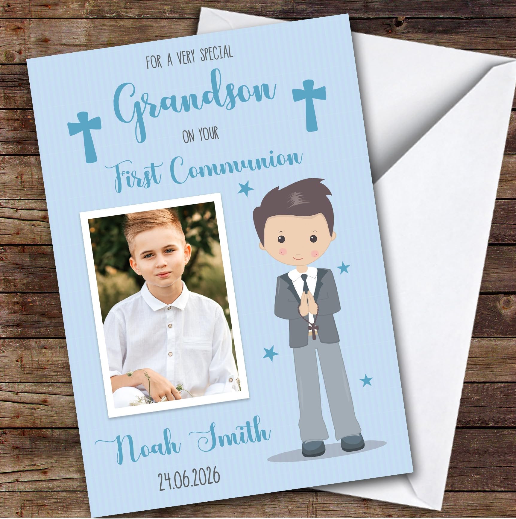 Personalised First Holy Communion Card For Grandson Photo Blue Boy | Custom Greetings Card For First Holy Communion Any Text Inside & Out