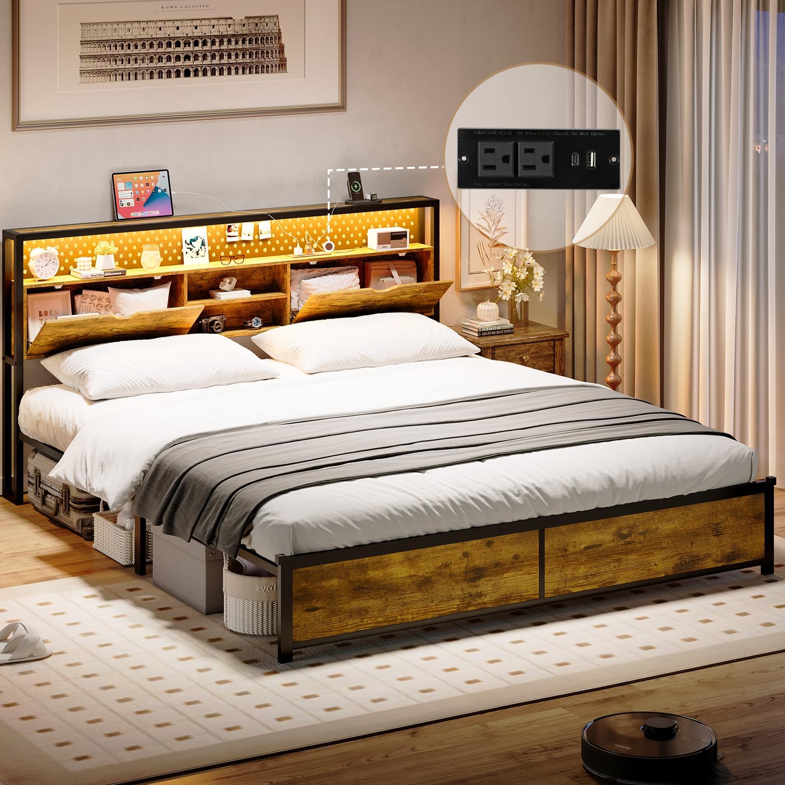 Modern Industrial Queen Bed Frame with Storage Headboard