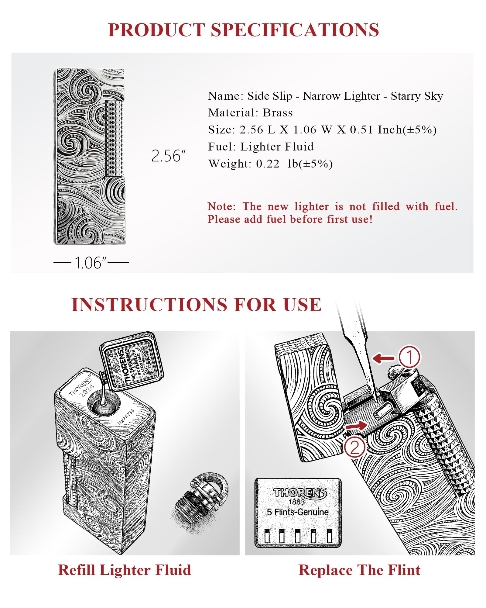 THORENS Narrow Lighter - Starry Sky Mechero de Queroseno y Latón | Side-slip, flip-top, plata, retro clásico, compacto, recargable, llama suave, relieve tallado, regalo coleccionable hombre