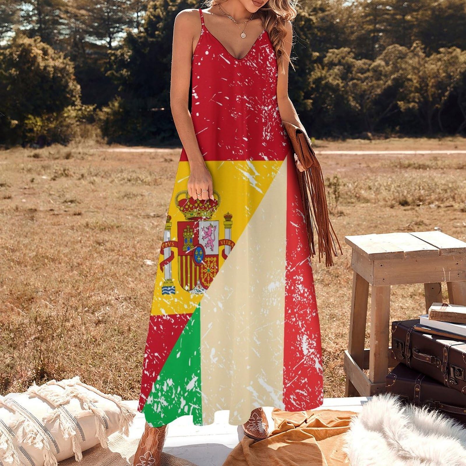 Vestido casual con la bandera vintage de Italia y España para mujer, vestido largo de espagueti ajustable, largo hasta el tobillo con volantes, vestido de verano fluido