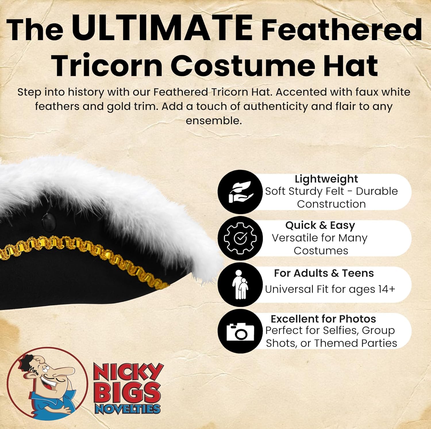 Nicky Bigs Novelties Black Pirate Hat For Women, Adult Colonial Three Cornered Cocked Tricorn Hat For Adults, Buccaneer Cap, Pirate Accessories Women with Gold Trim And Faux Feathers - Image 2