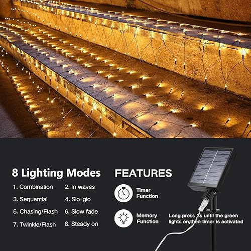 Miniatura 2 de iBaycon Luces solares de red de Navidad, luces de malla de red de 5 x 5 pies con 8 modos y temporizador, luces solares impermeables para árboles de