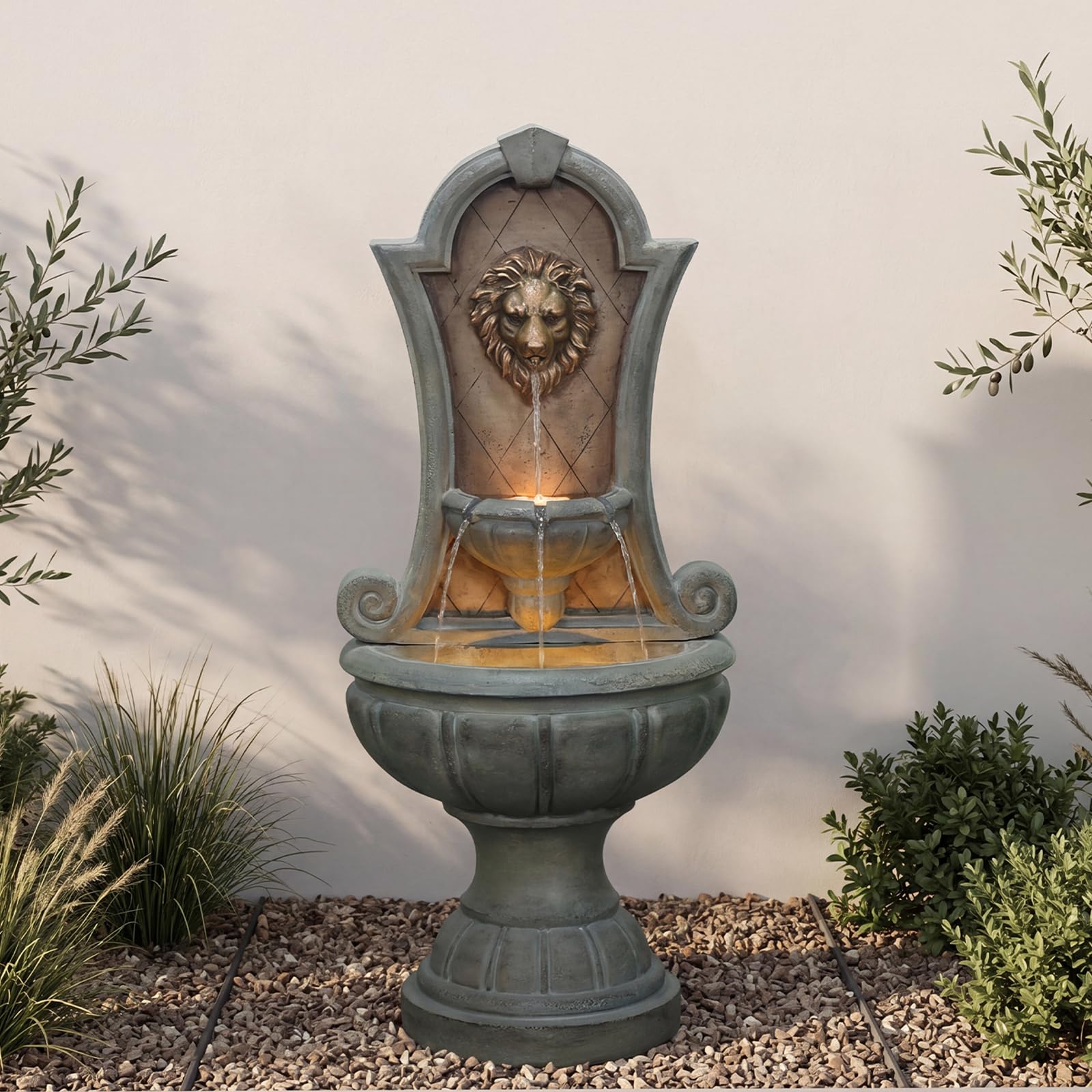 Bumilgar Outdoor Wall Fountain with LED Lights, 49.21” H Freestanding Garden Water Fountain, Large Floor Standing Patio Waterfall Feature, European Resin Flat Back Yard Courtyard Porch Décor