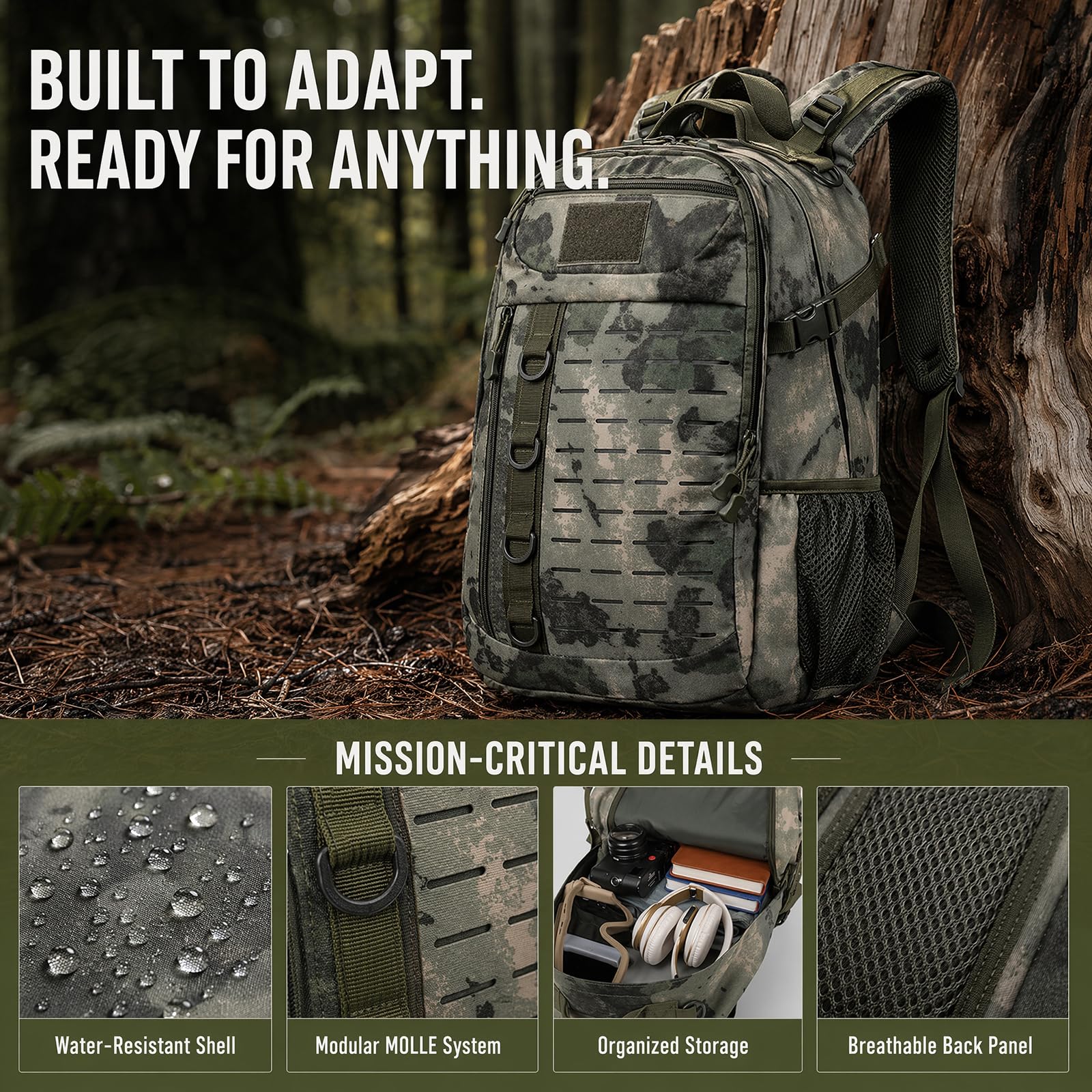 Taktische Camouflage Oxford Rucksack 20-35L Outdoor Tagessack Satchel Schultertasche,olive green