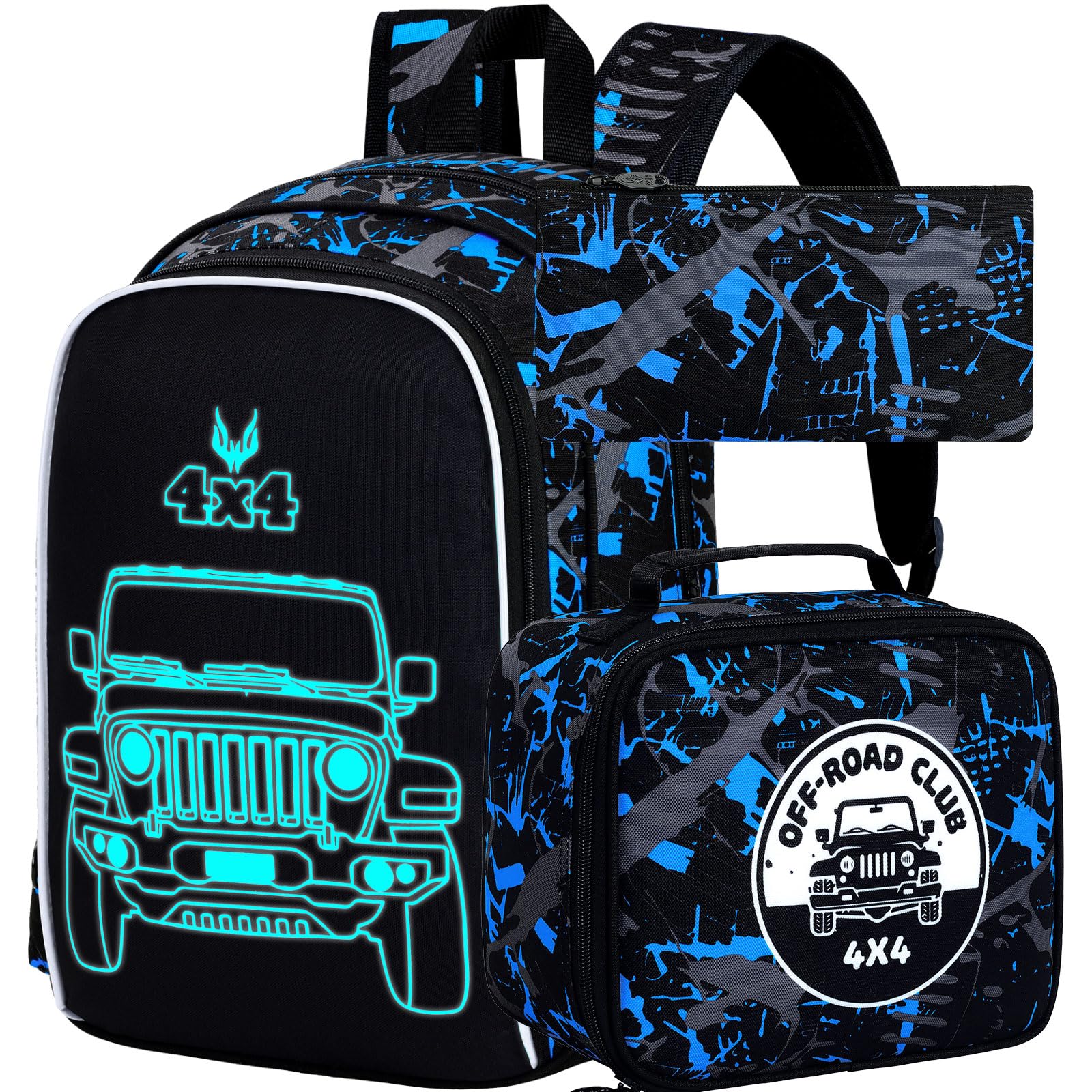 KLFVB 3PCS Truck Backpack for Boys, Luminous School Backpacks with Lunch Box, 17" Water Resistant Kids Camo Bookbag for Middle Elementary Teens to