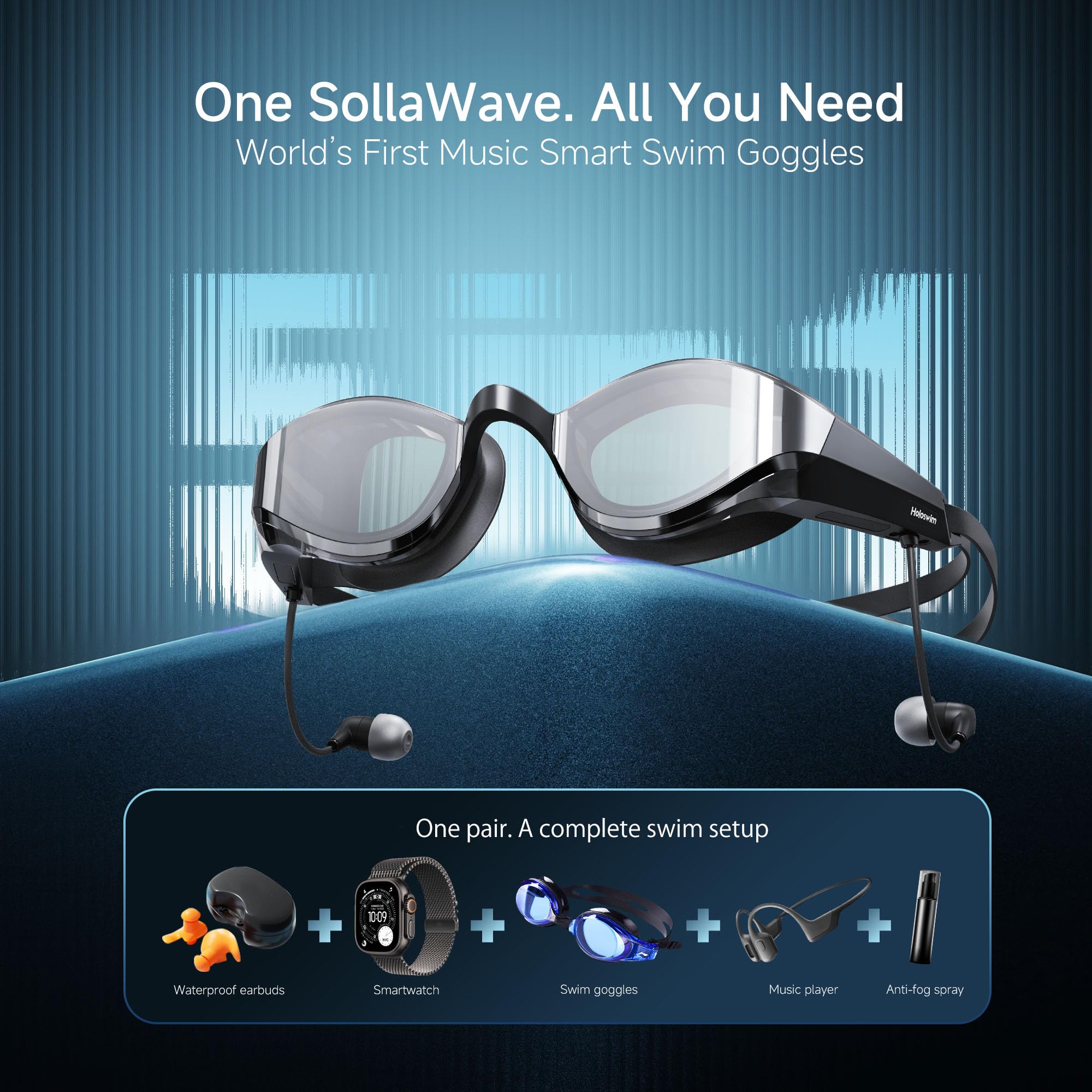 SollaWave AI Music Smart Schwimmbrille mit integrierten Schwimm-Kopfhörern, Echtzeit-Sprachfeedback + MP3-Player, 9-Achsen-Bewegungssensorik, IP68 wasserdichte Kopfhörer zum Schwimmen App & KI-Analyse