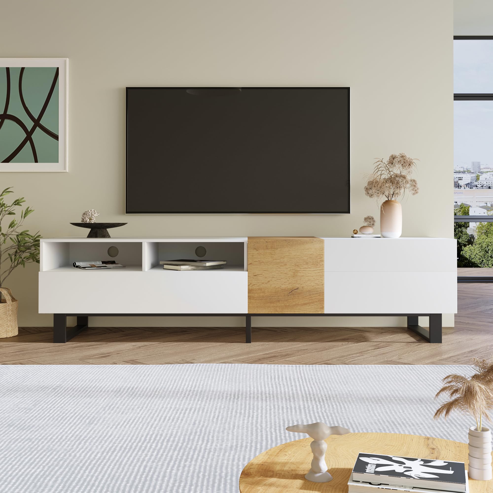 BTM Modern TV Cabinet, White and Wood Look,Minimalist Design,180 x 50 x 38 cm, White