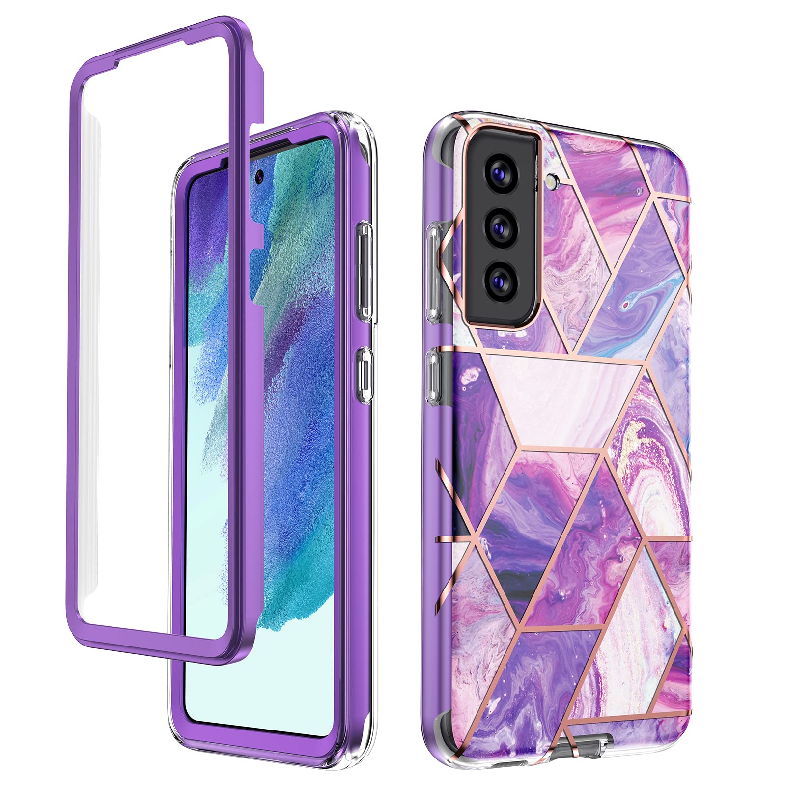 Bling Chrome Marble Full Body Shockproof Protective Case for Samsung Galaxy S21 FE 5G (2021 Release), Slim Stylish Bumper Case Without Built-in Screen Protector-Purple