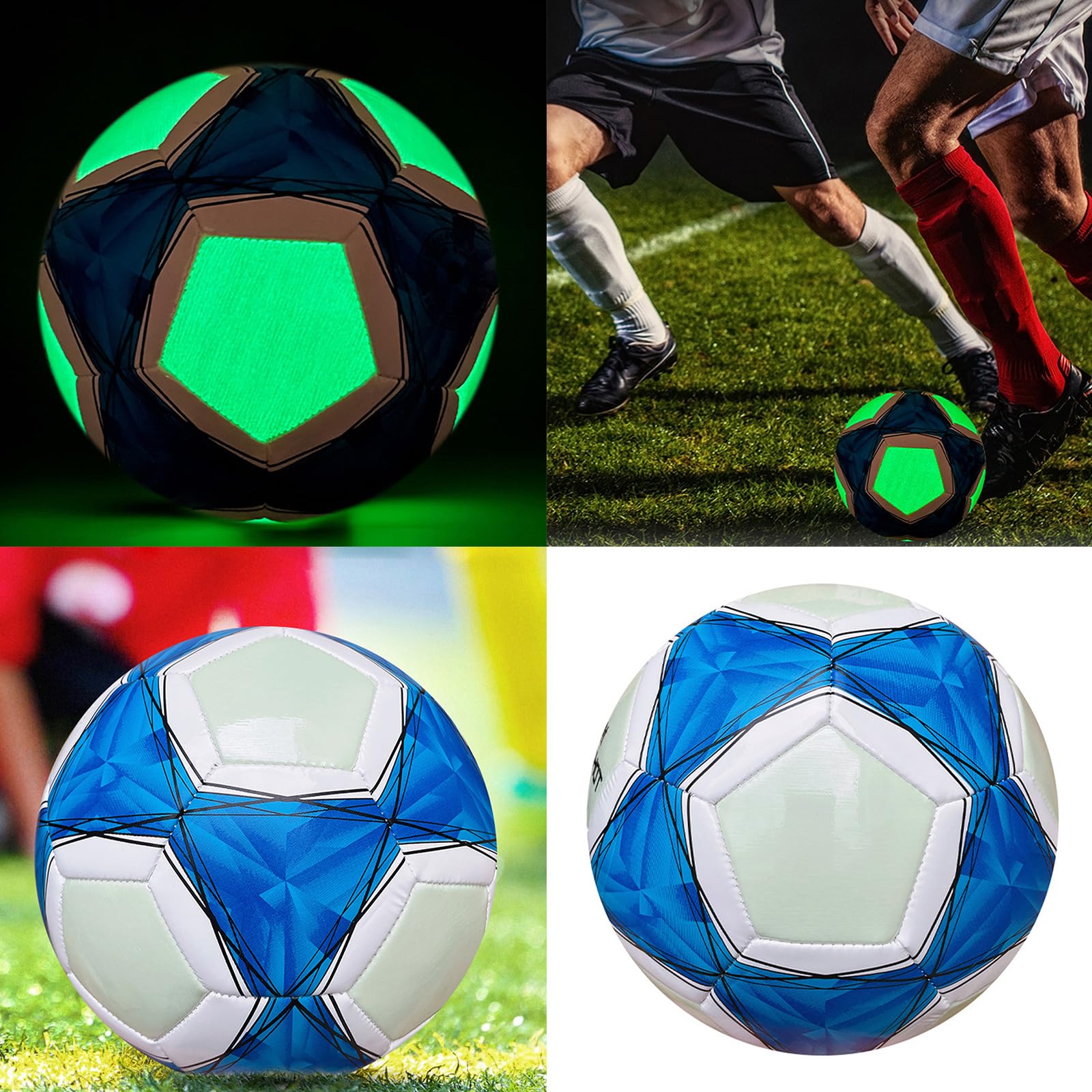 Pallone da calcio fluorescente al buio, con luci LED, riflettenti, misura 4, 5, per calcio luminoso
