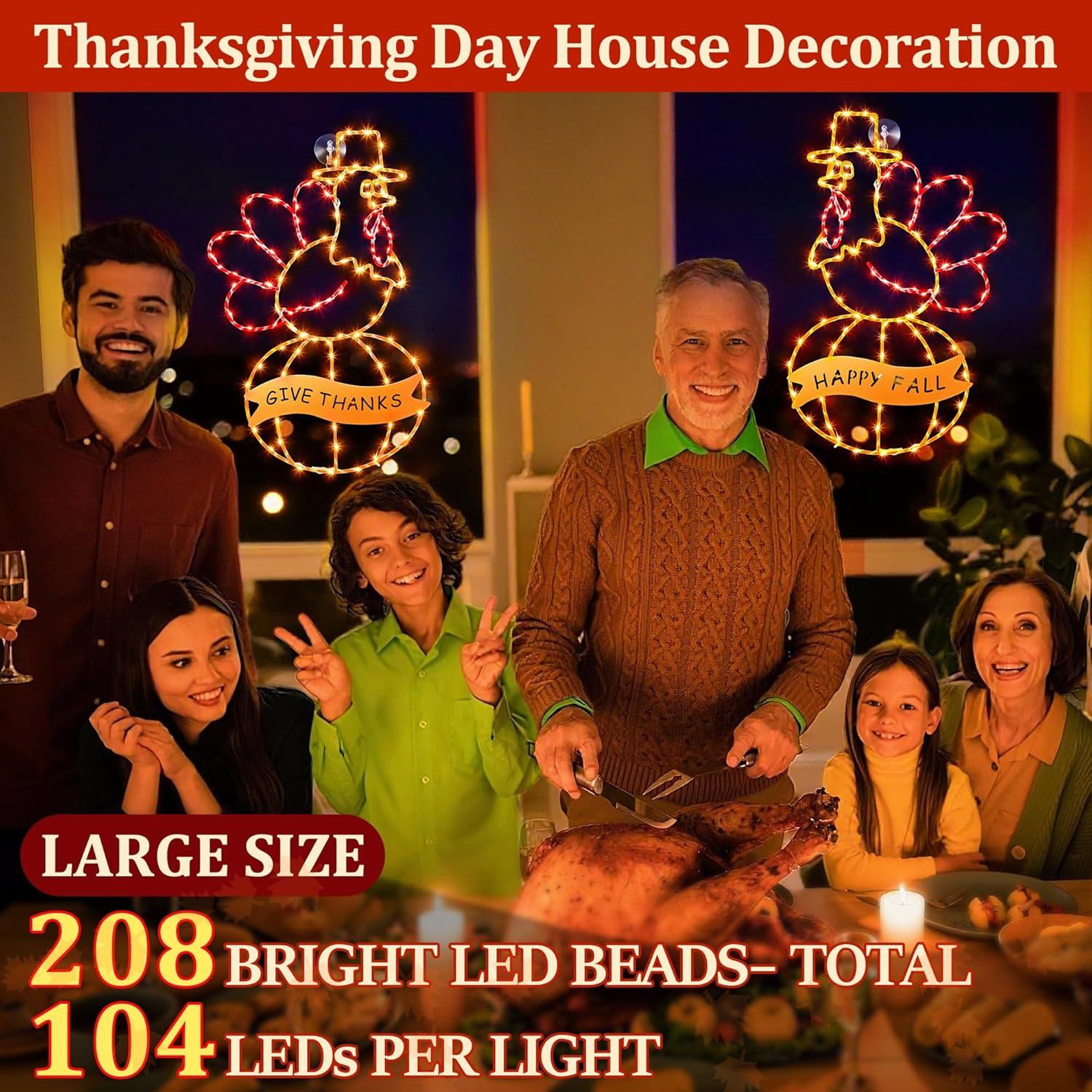 2 Pcs Large Thanksgiving Window Lights Turkey Decorations, 17" Fall Decor Window Lights, LED Turkey Pumpkin Light 2026 Thanksgiving Decor with Timer & 8 Mode & Battery Operated, Fall Light for Home